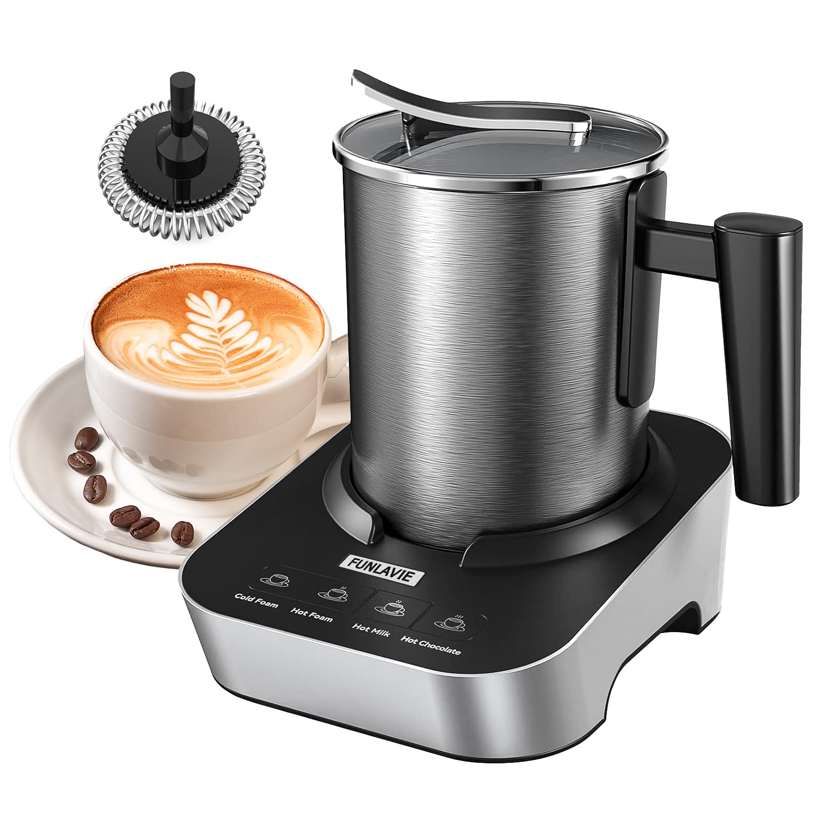 FUNLAVIE espumador leche eléctrico 4 en 1 con jarra de 13,5 oz para bebidas cremosas.