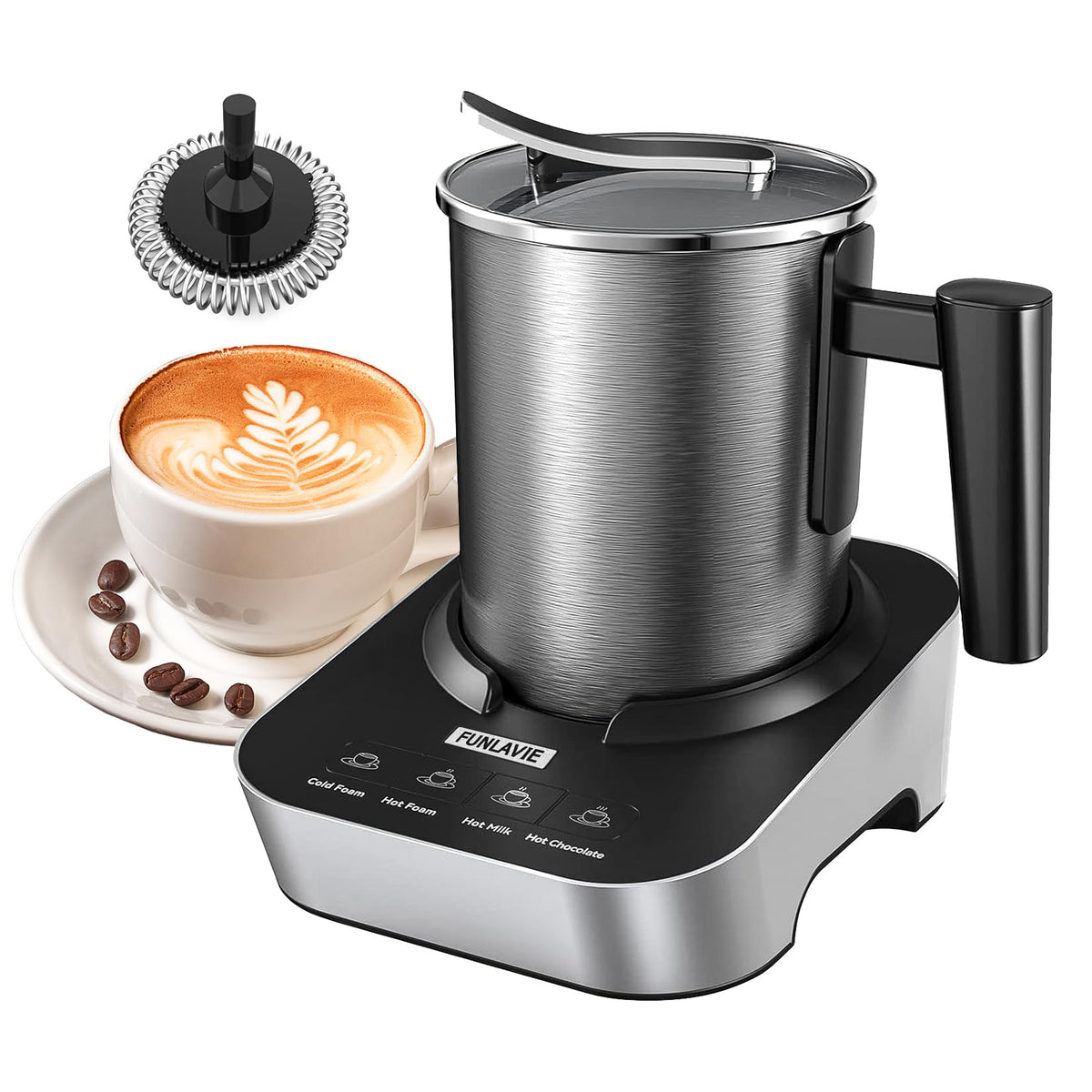 FUNLAVIE espumador leche eléctrico 4 en 1 con jarra de 13,5 oz para bebidas cremosas.
