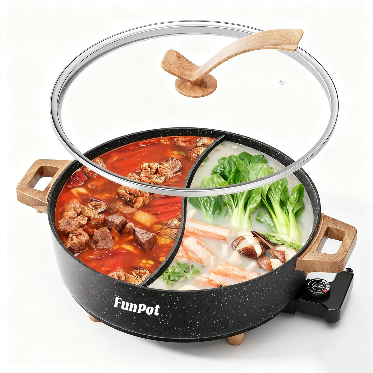 FunPot Olla eléctrica de dos compartimentos, ideal para servir comidas en grupo.