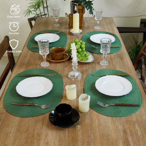 Conjunto de 6 manteles ovalados FunWheat, orden y estilo en la mesa.