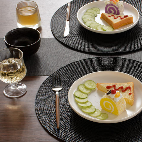 Conjunto FunWheat de manteles redondos, 6 piezas, negro, estilo moderno para cualquier mesa.