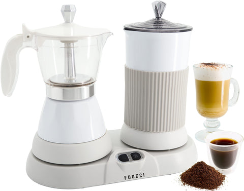 FUOCCI Moka Eléctrica de 3 tazas, diseño compacto para espresso rápido en casa.