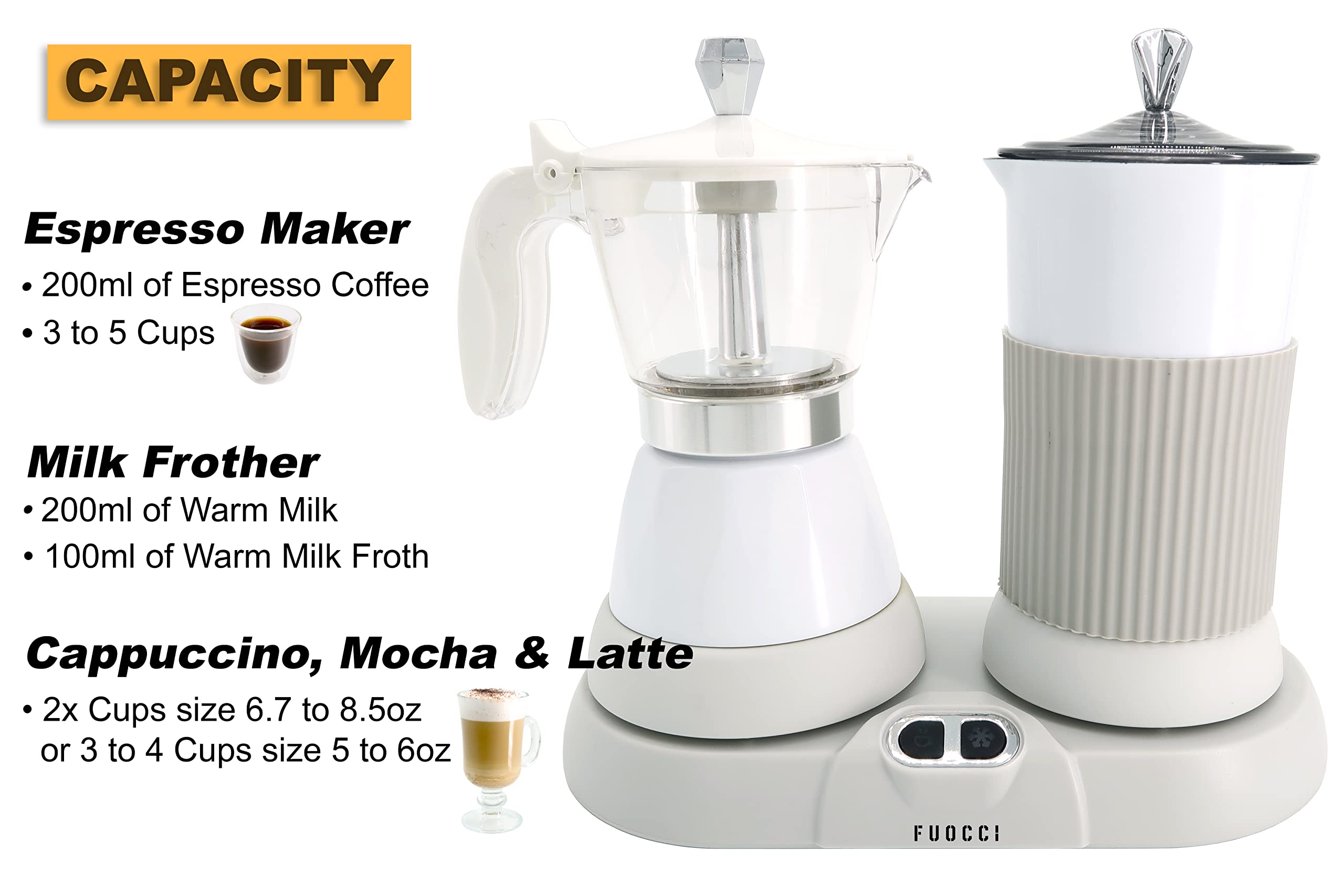 FUOCCI Moka Eléctrica con batidora de leche integrada para cappuccino suave.