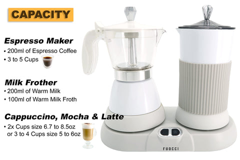 FUOCCI Moka Eléctrica con batidora de leche integrada para cappuccino suave.