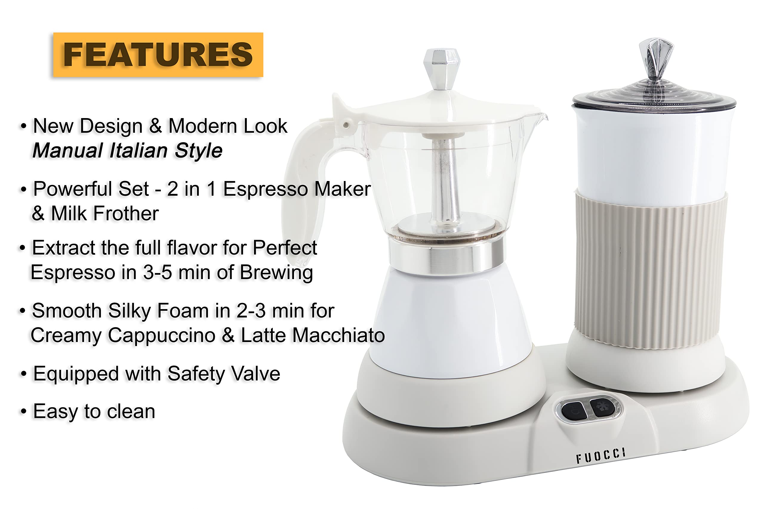 FUOCCI Moka Eléctrica, base sin cables y diseño compacto para uso diario.
