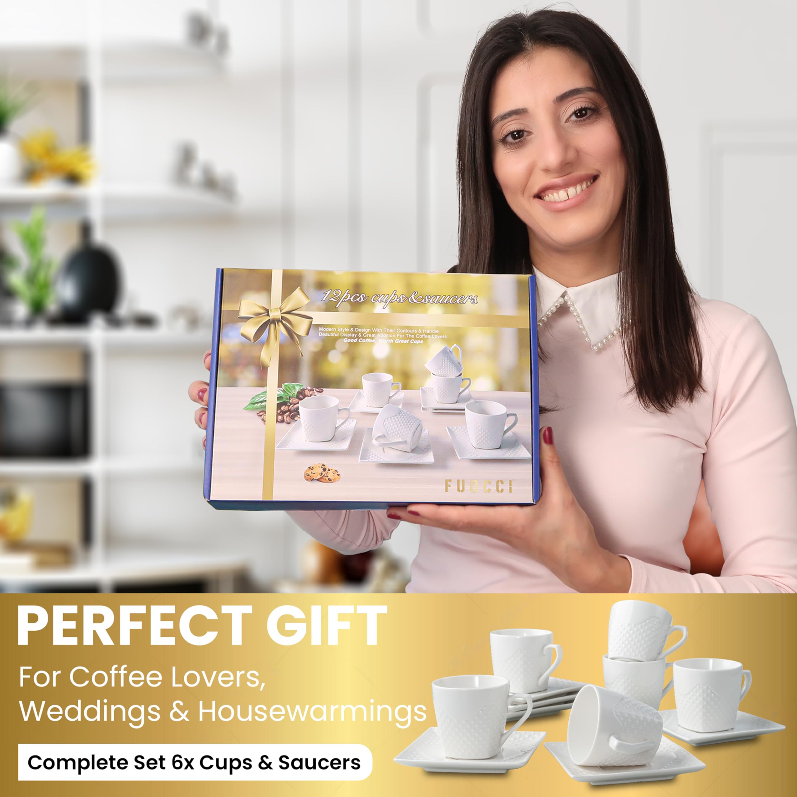 FUOCCI tazas espresso en relieve blanco para mesa elegante
