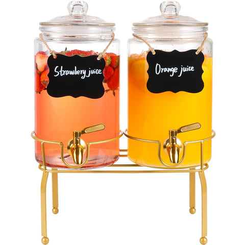 Dispensadores FUREEY para fiestas con soporte dorado, ideales para servir bebidas con estilo.