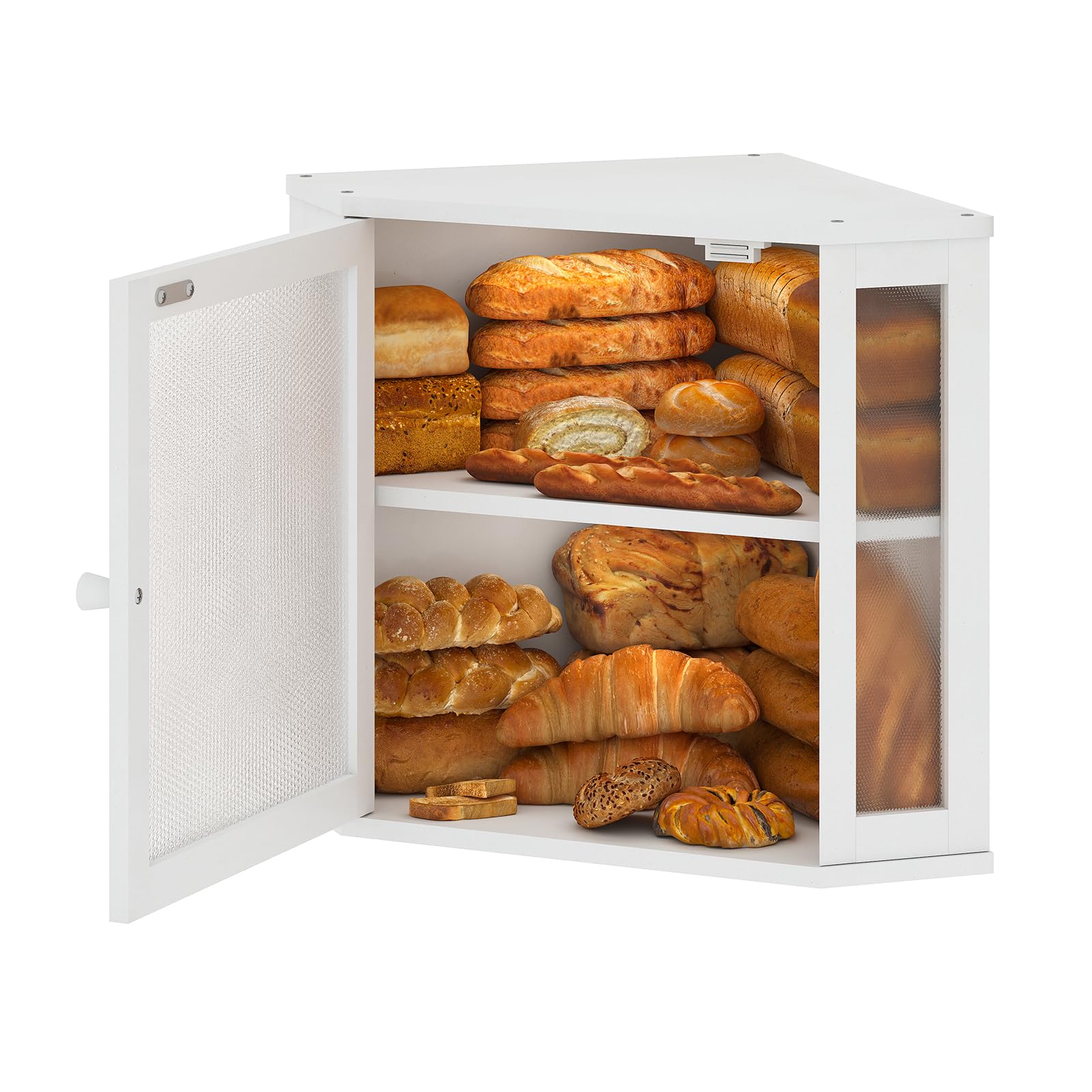 Furshus caja de pan en esquina, interior con doble capa para organizar panes.