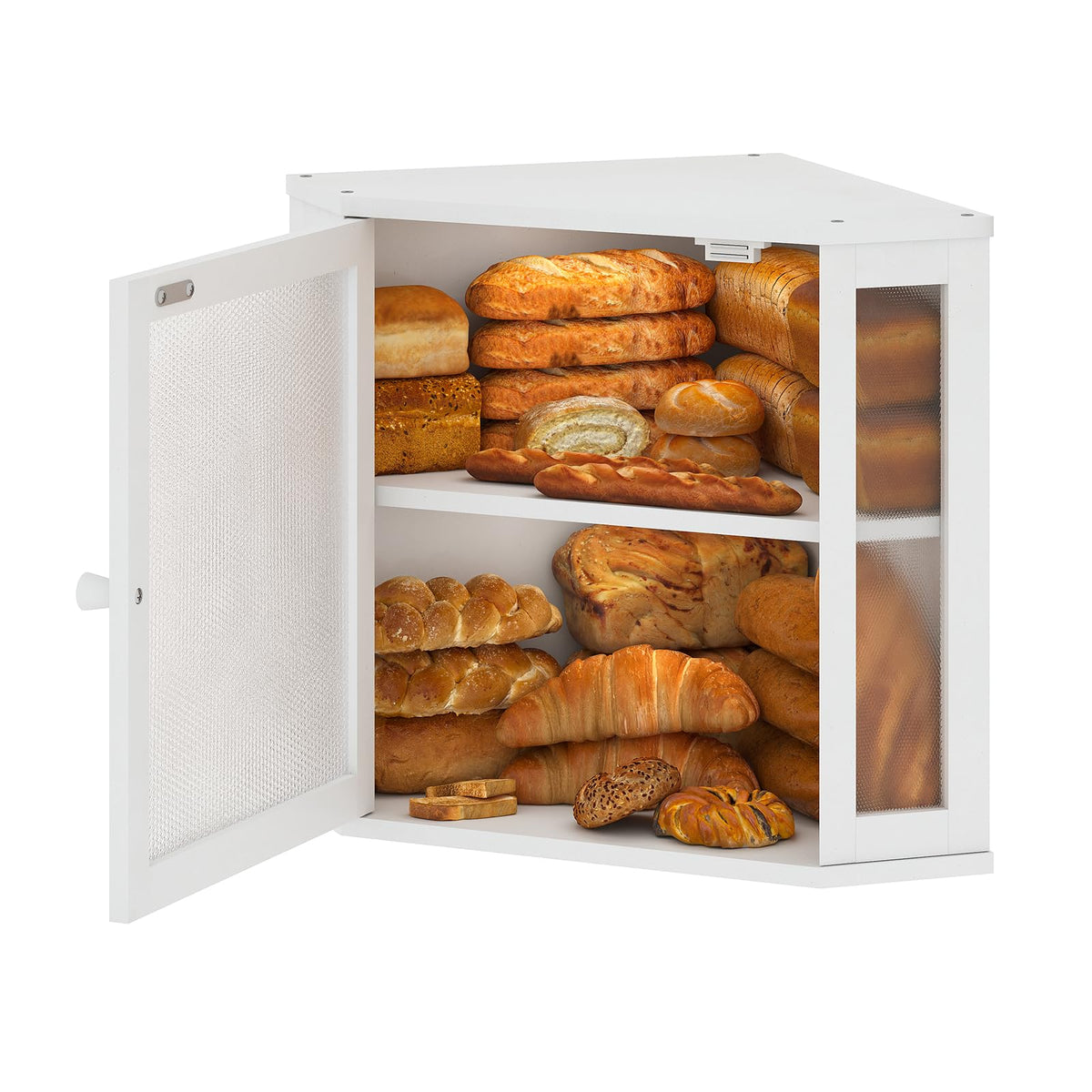 Furshus caja de pan en esquina, interior con doble capa para organizar panes.