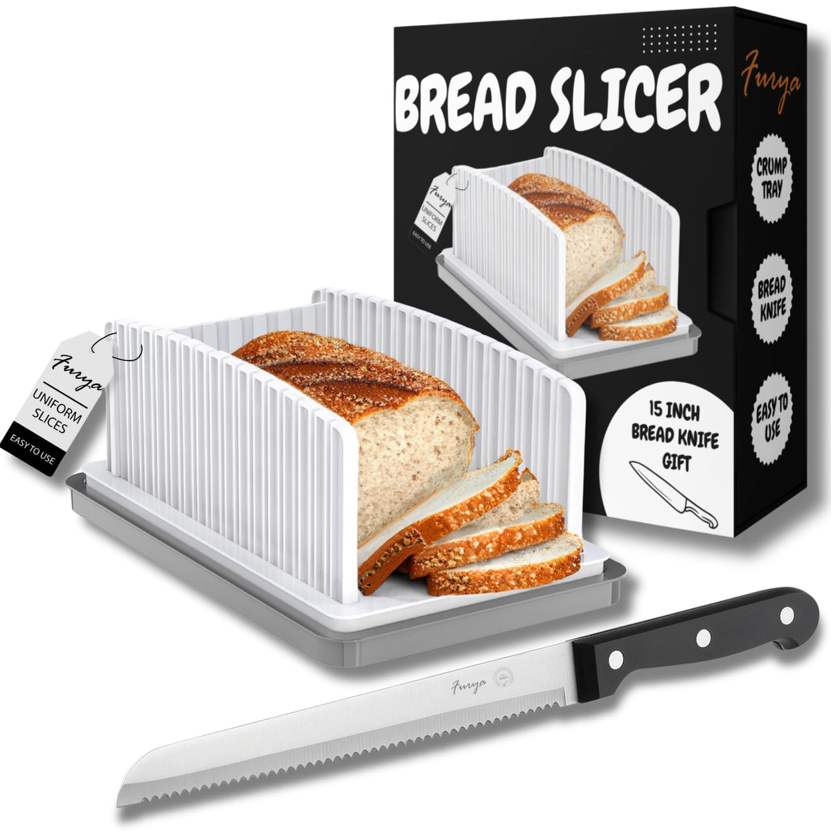 FURYA 2 en 1 rebanador pan con corte uniforme para hogazas y bollos caseros.
