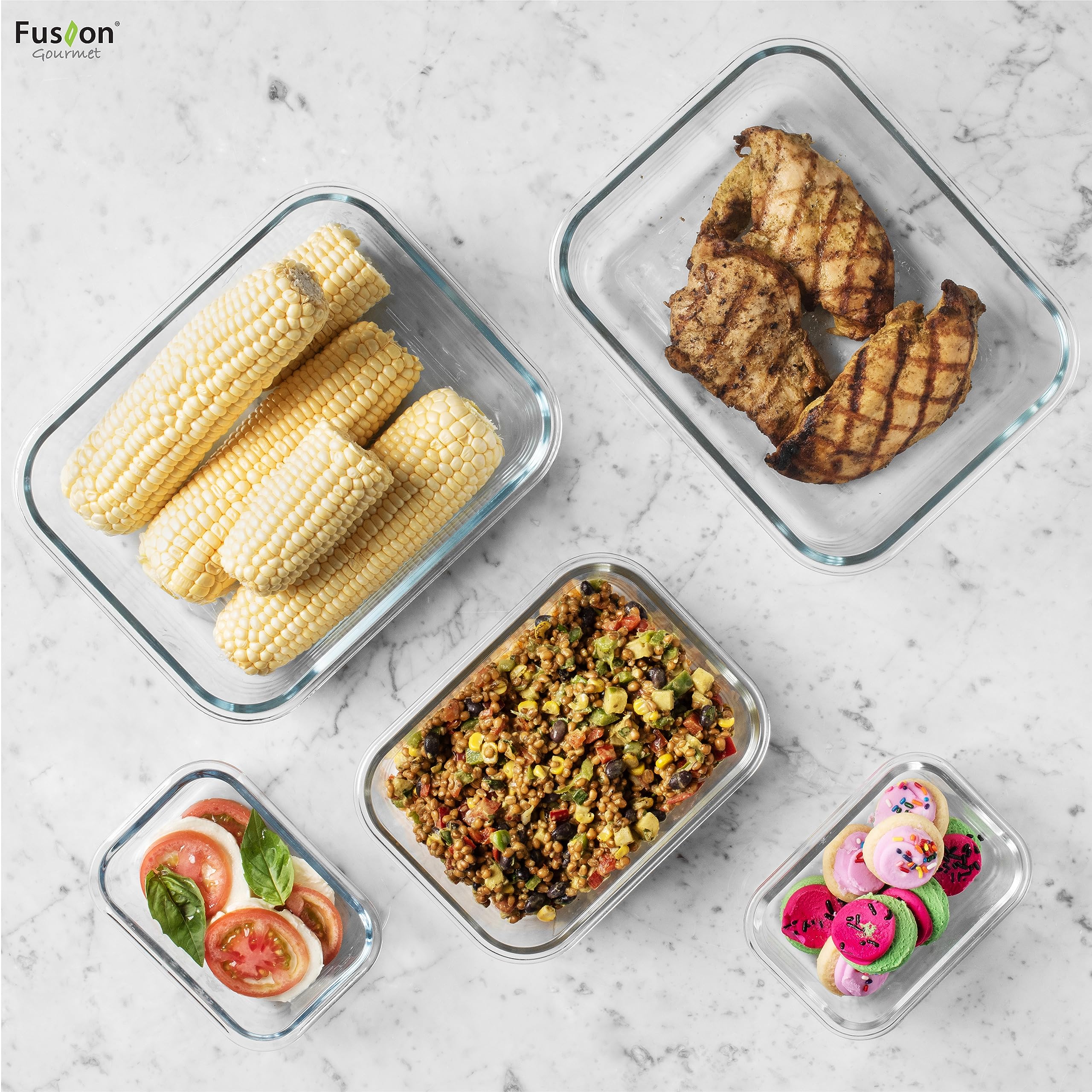 Fusion Gourmet contenedores vidrio 72oz y 12-5oz: apilables para ahorrar espacio.