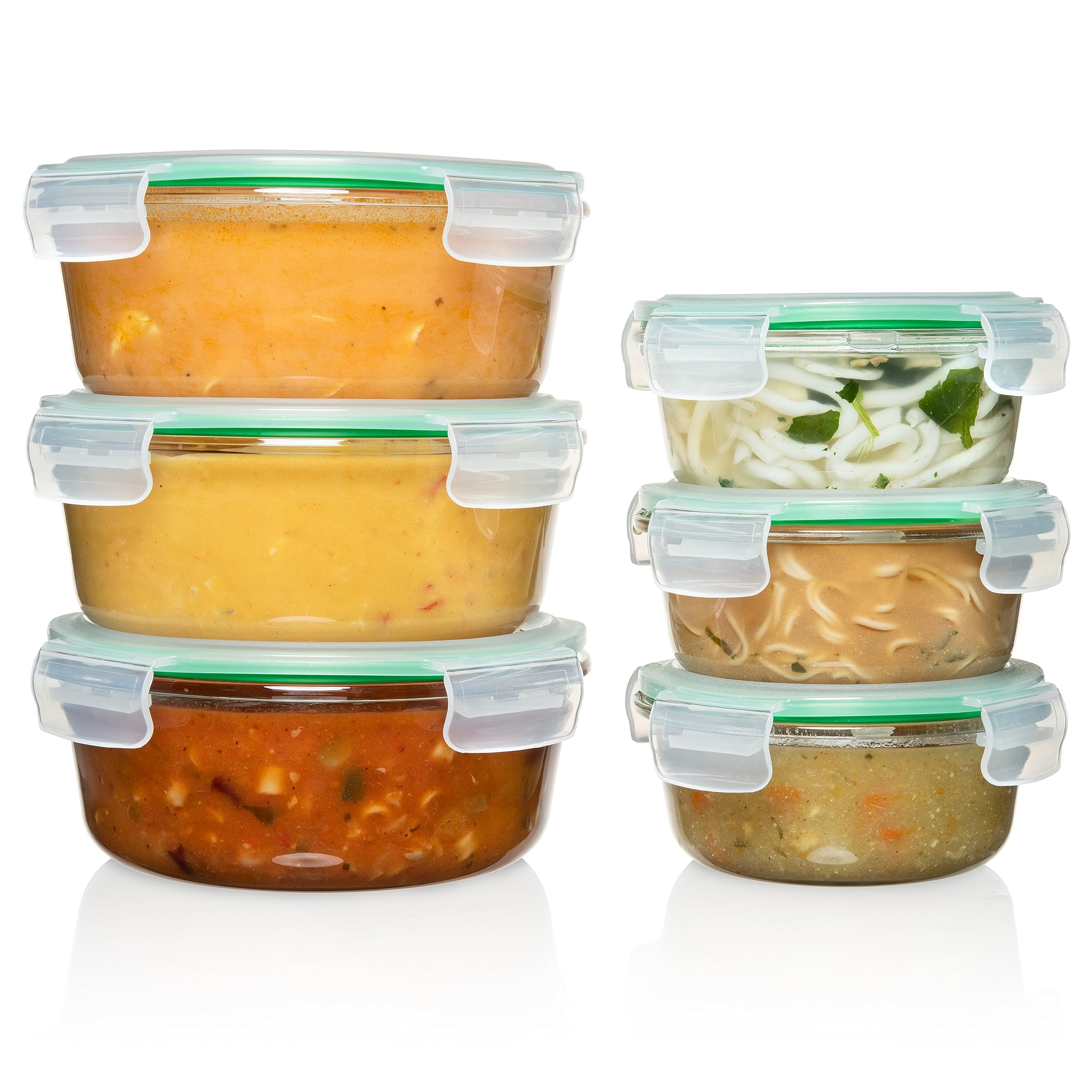 Fusion Gourmet contenedores de vidrio redondos con tapas verdes para almacenamiento seguro.