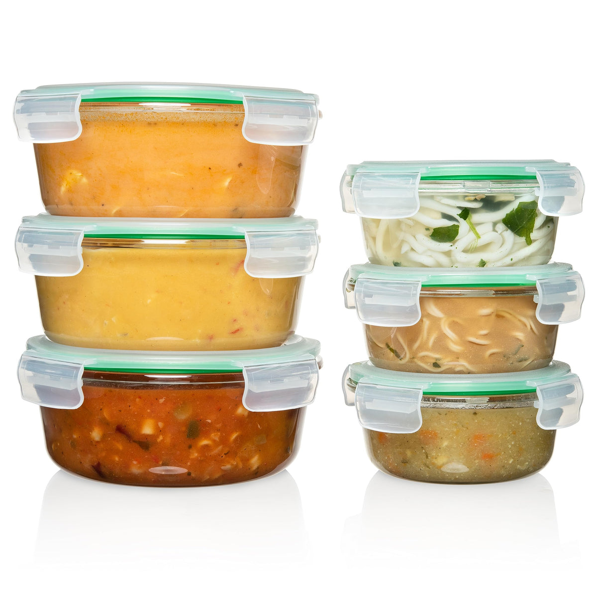 Fusion Gourmet contenedores de vidrio redondos con tapas verdes para almacenamiento seguro.