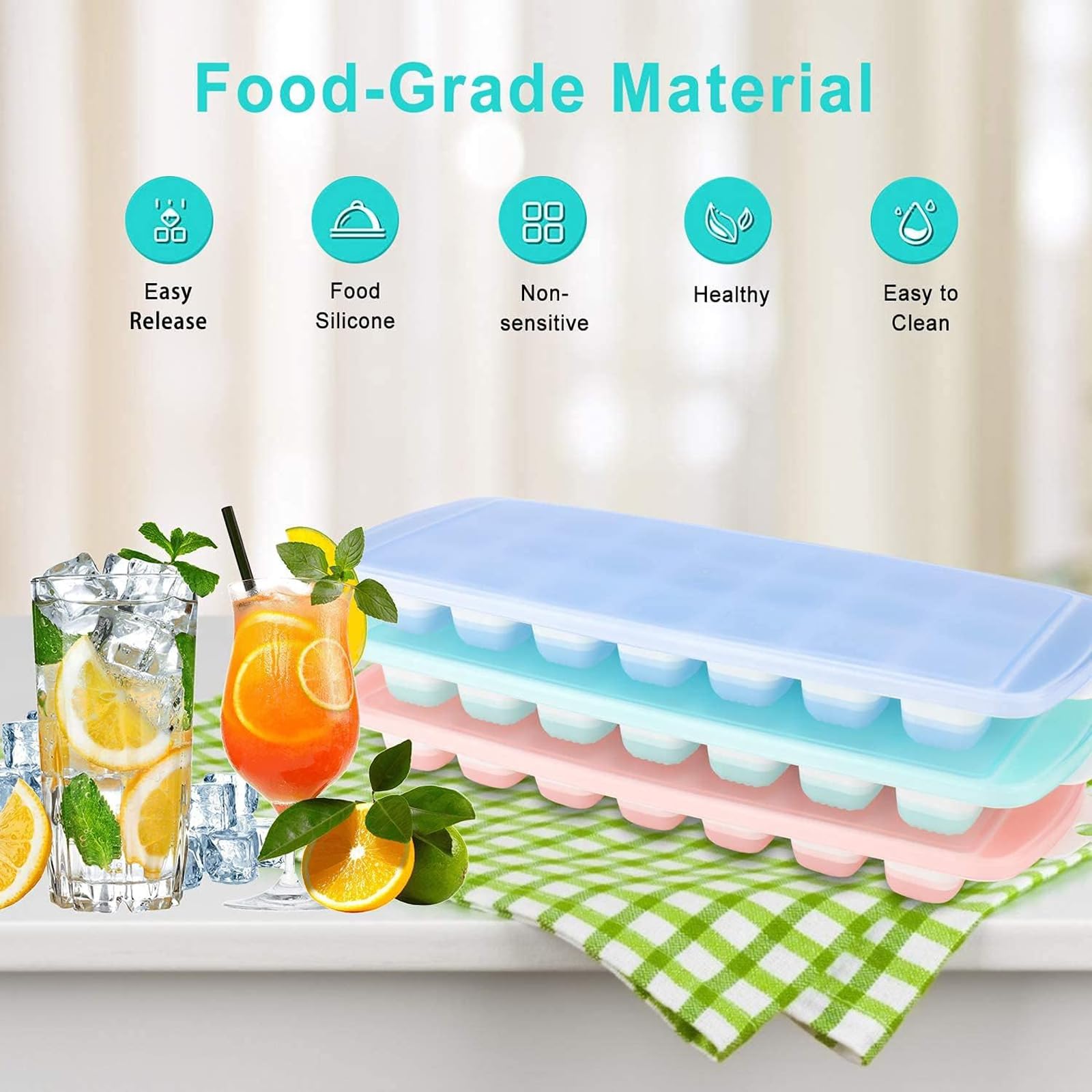 Fuukou bandeja de hielo de silicona con tapa azul claro para café helado