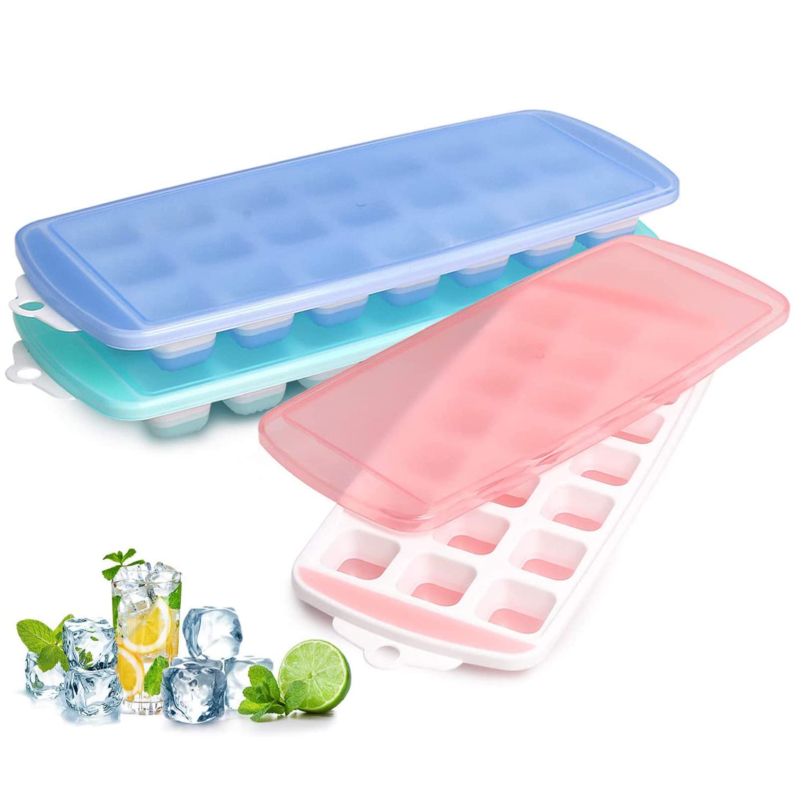 Fuukou bandeja de hielo de silicona con tapa rosa para cubos uniformes