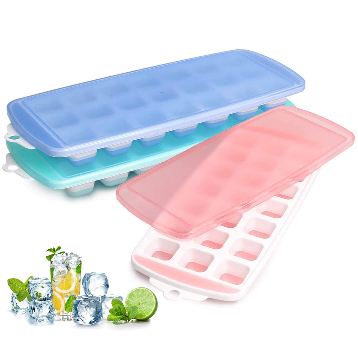 Fuukou bandeja de hielo de silicona con tapa rosa para cubos uniformes