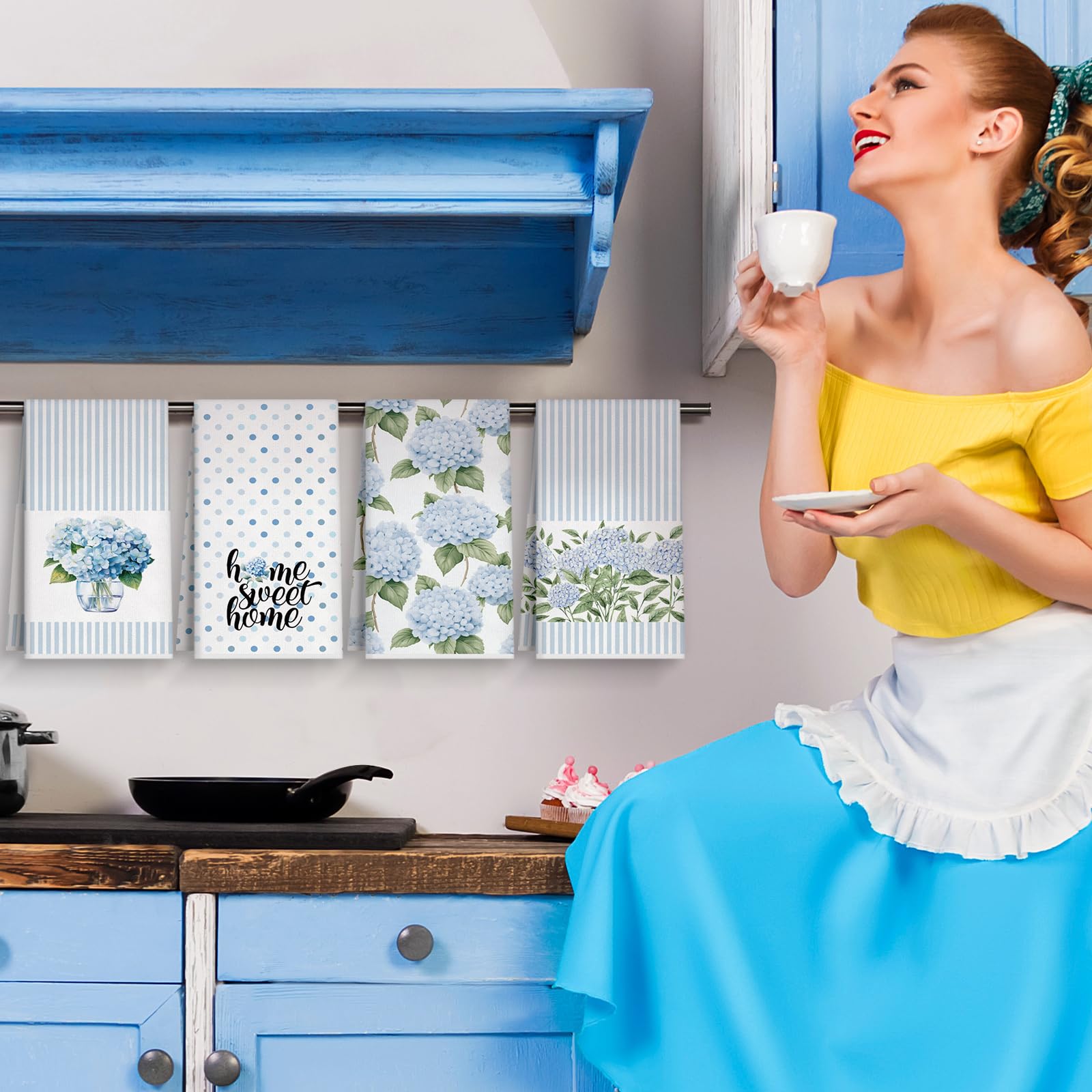 FuWeave: detalle floral de hortensias azules para decoración de cocina