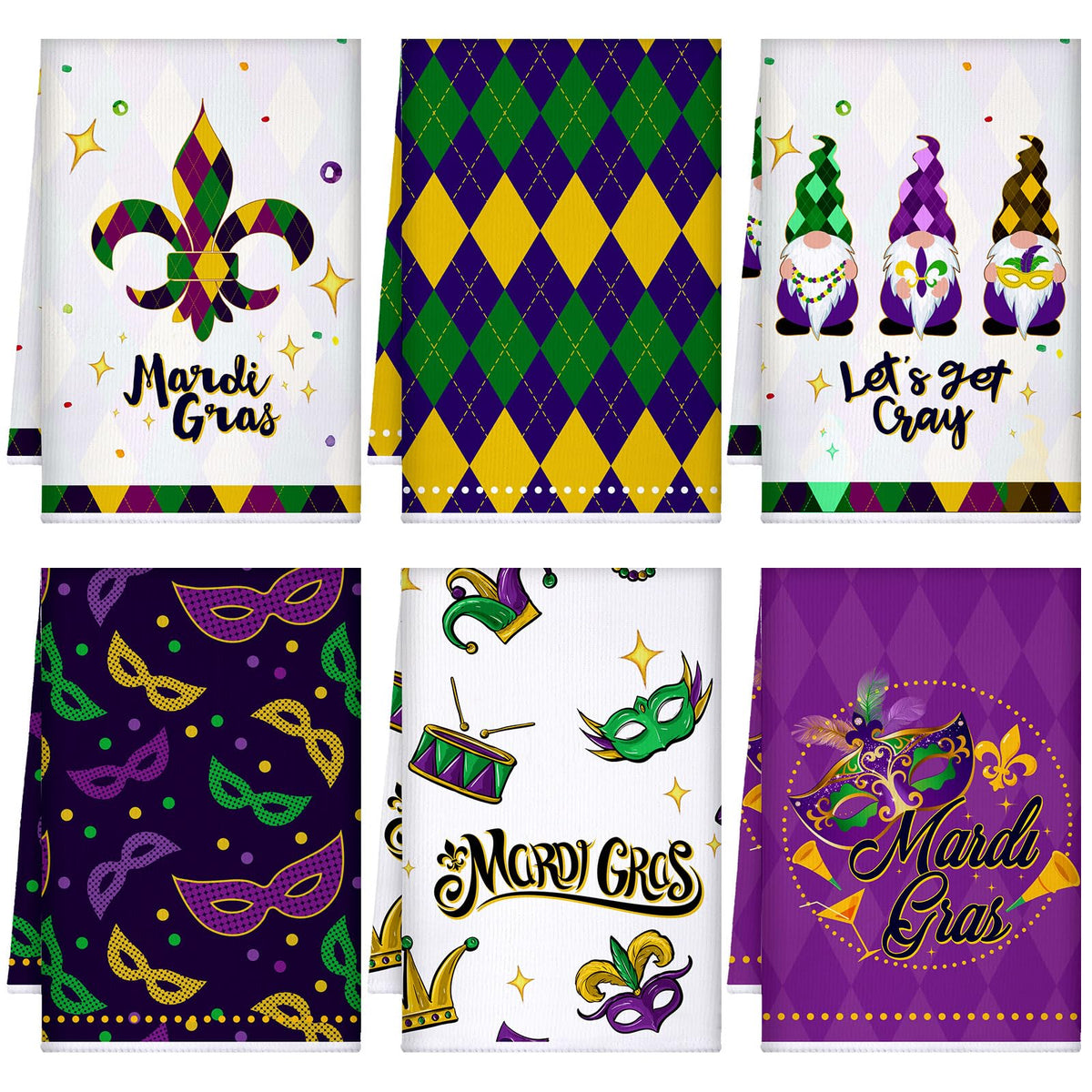 FuWeave Mardi Gras toallas cocina: juego de 6 toallas útiles para secar y decorar