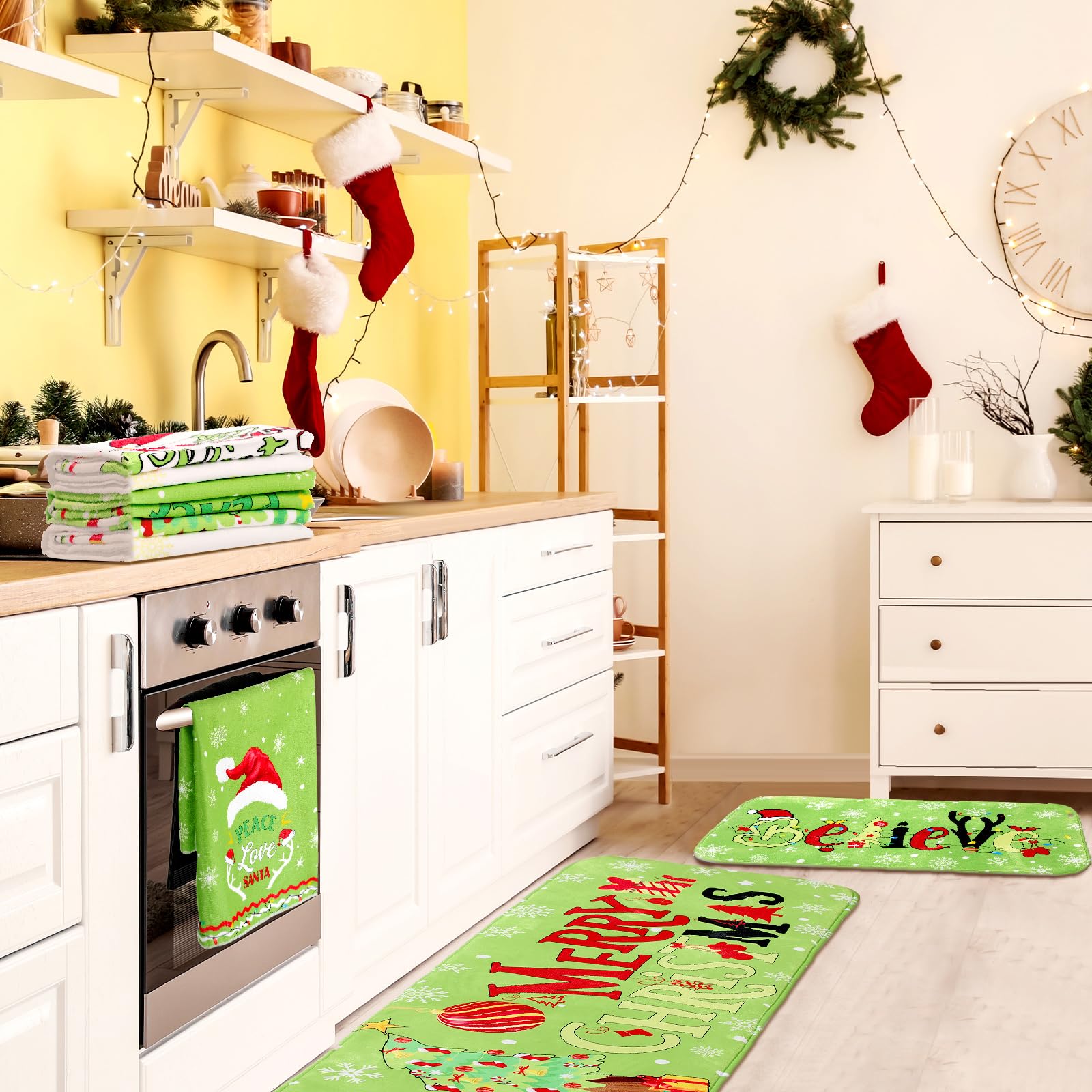 FuWeave Navidad diseño estampado verde-blanco, estilo navideño para mesa y cocina.