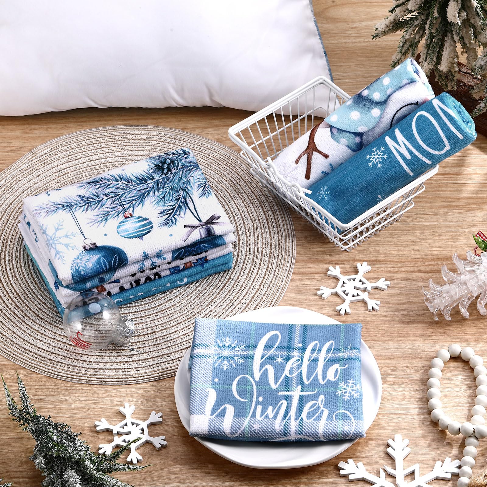 FuWeave: toallas de cocina azul y blanco que embellecen la cocina con tema invernal