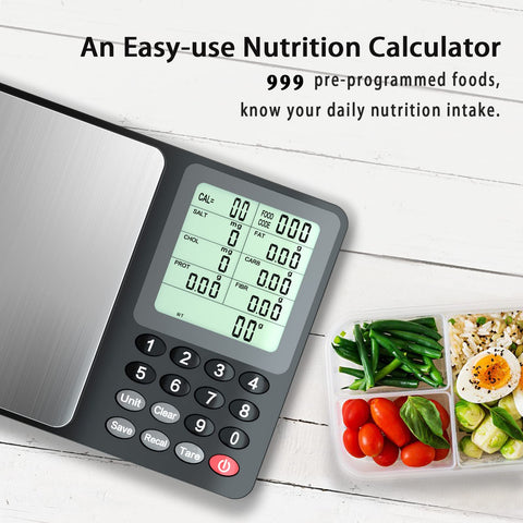 Escala de nutrición Fuzion, lectura en pantalla LCD, visualiza calorías y macronutrientes.