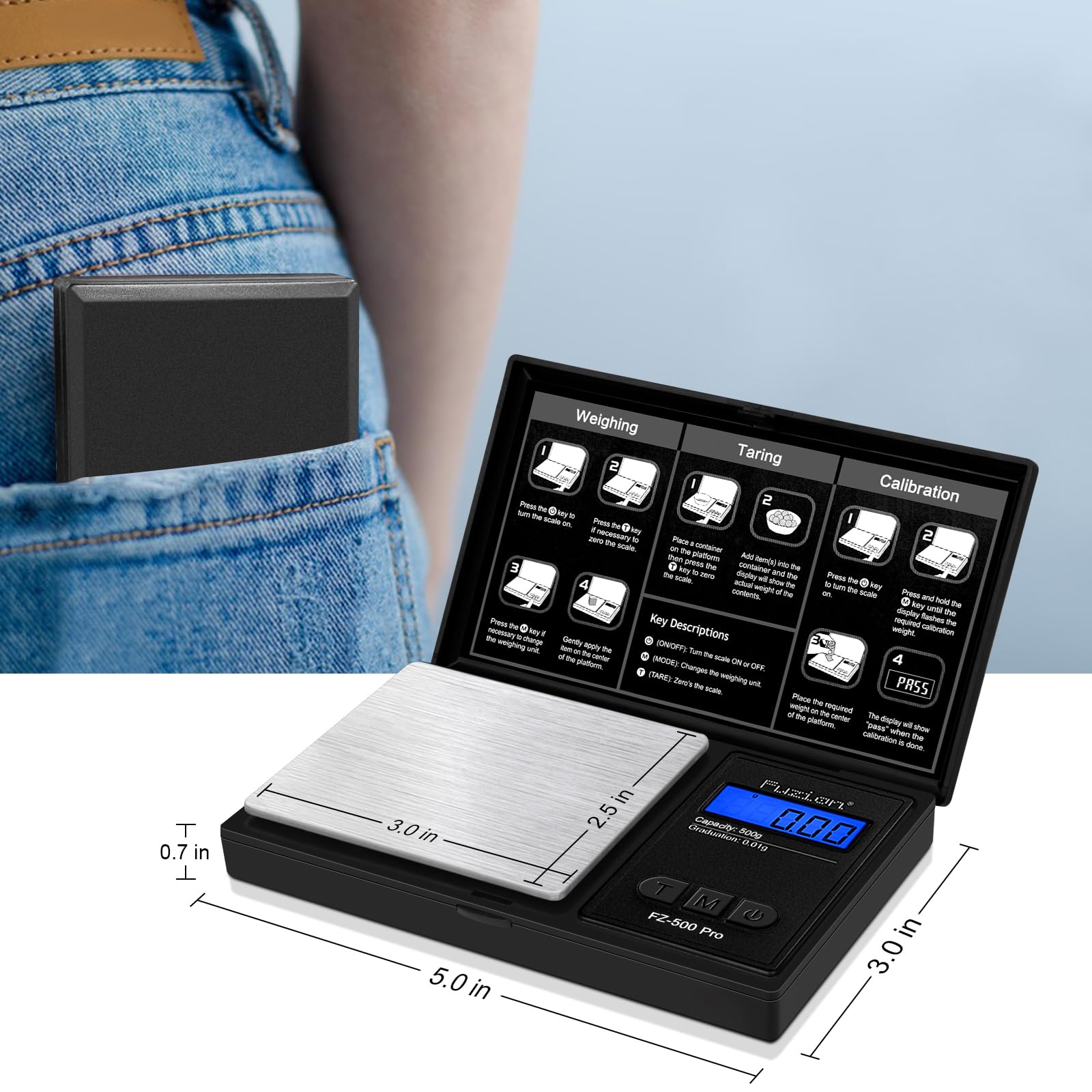 Peso de calibración de 100 g incluido para calibrar fácilmente.