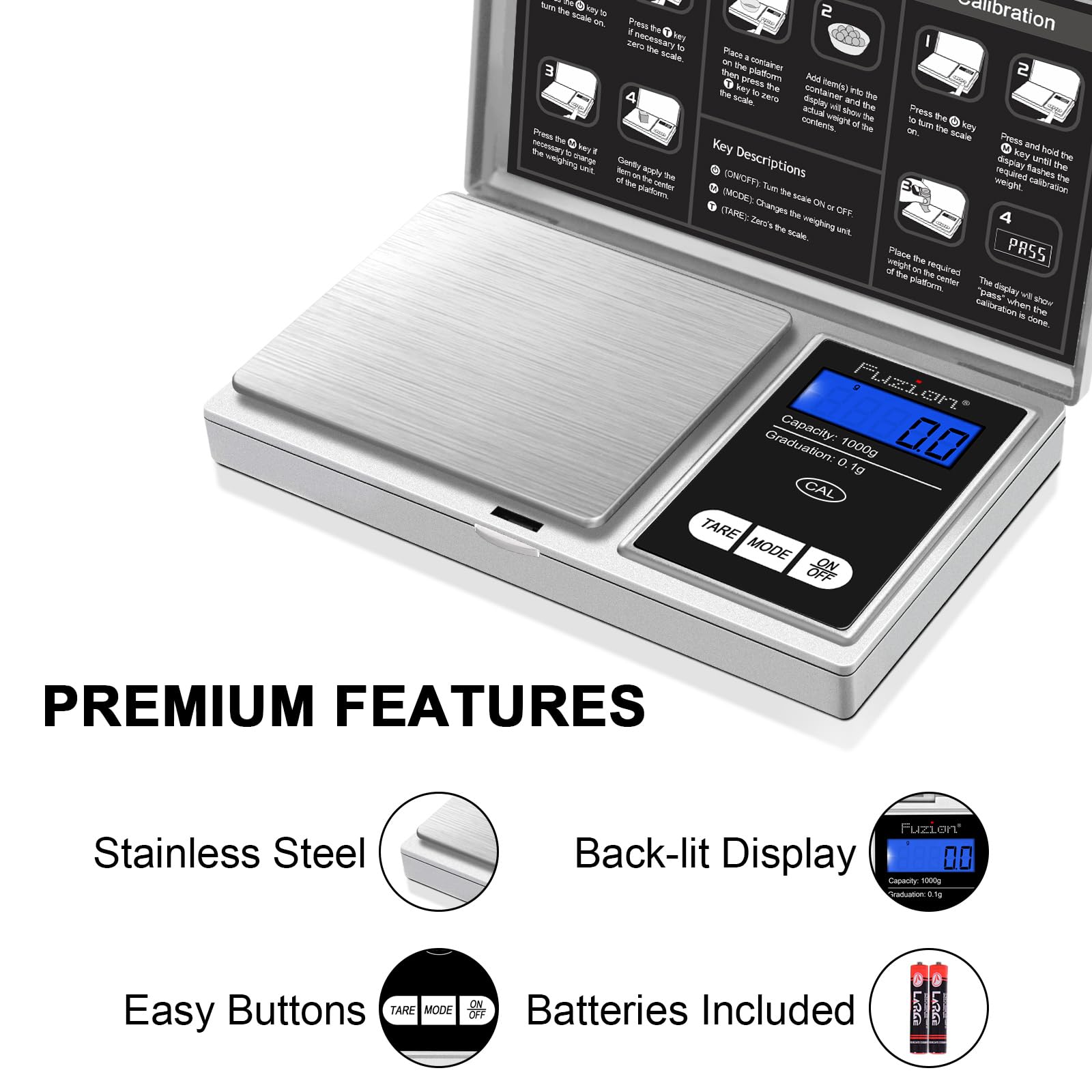Fuzion Pocket Gram Scale, capacidad de 1000 g para diversas mediciones.