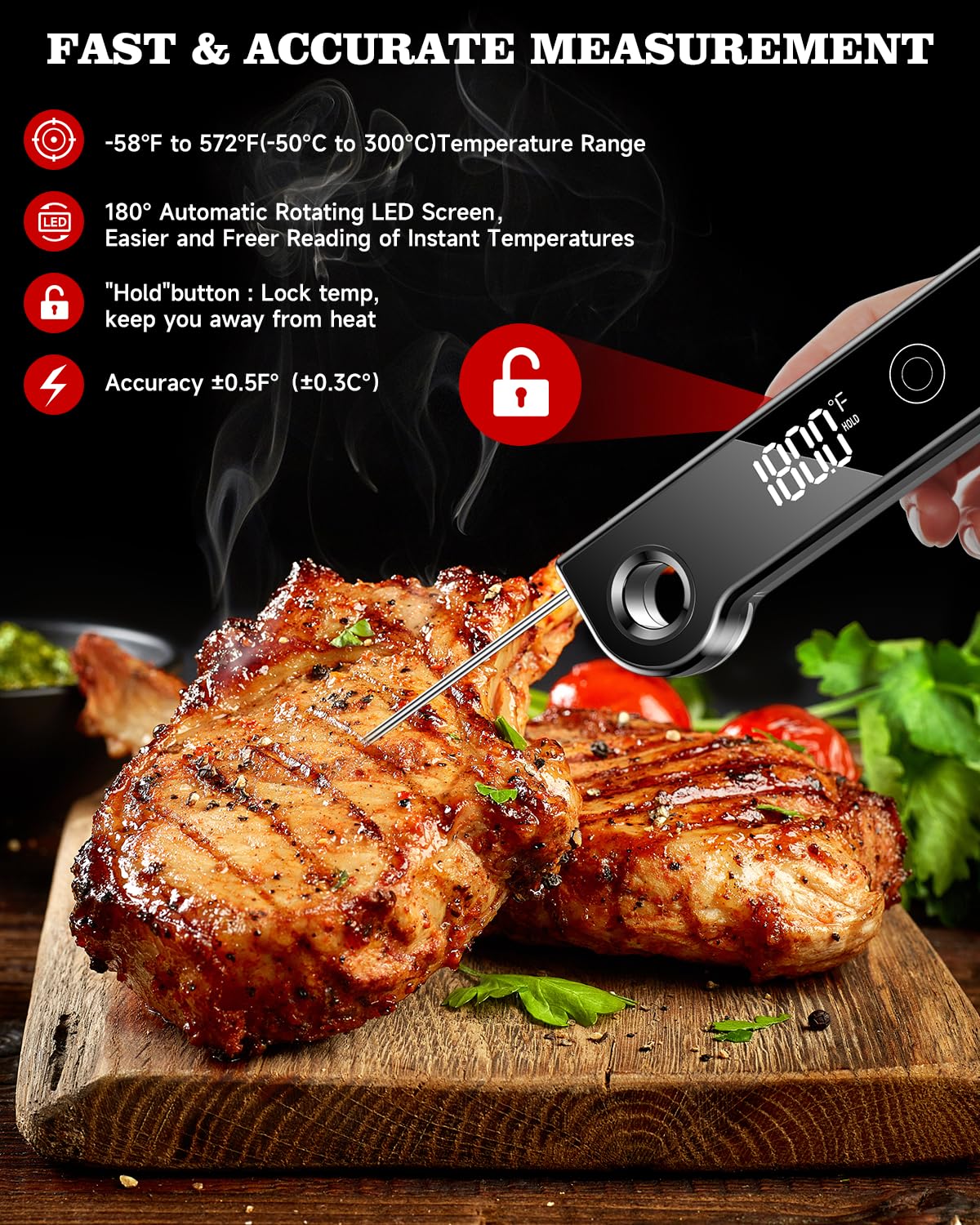 FVFV termómetro de carne con pantalla giratoria para verificación fácil del progreso