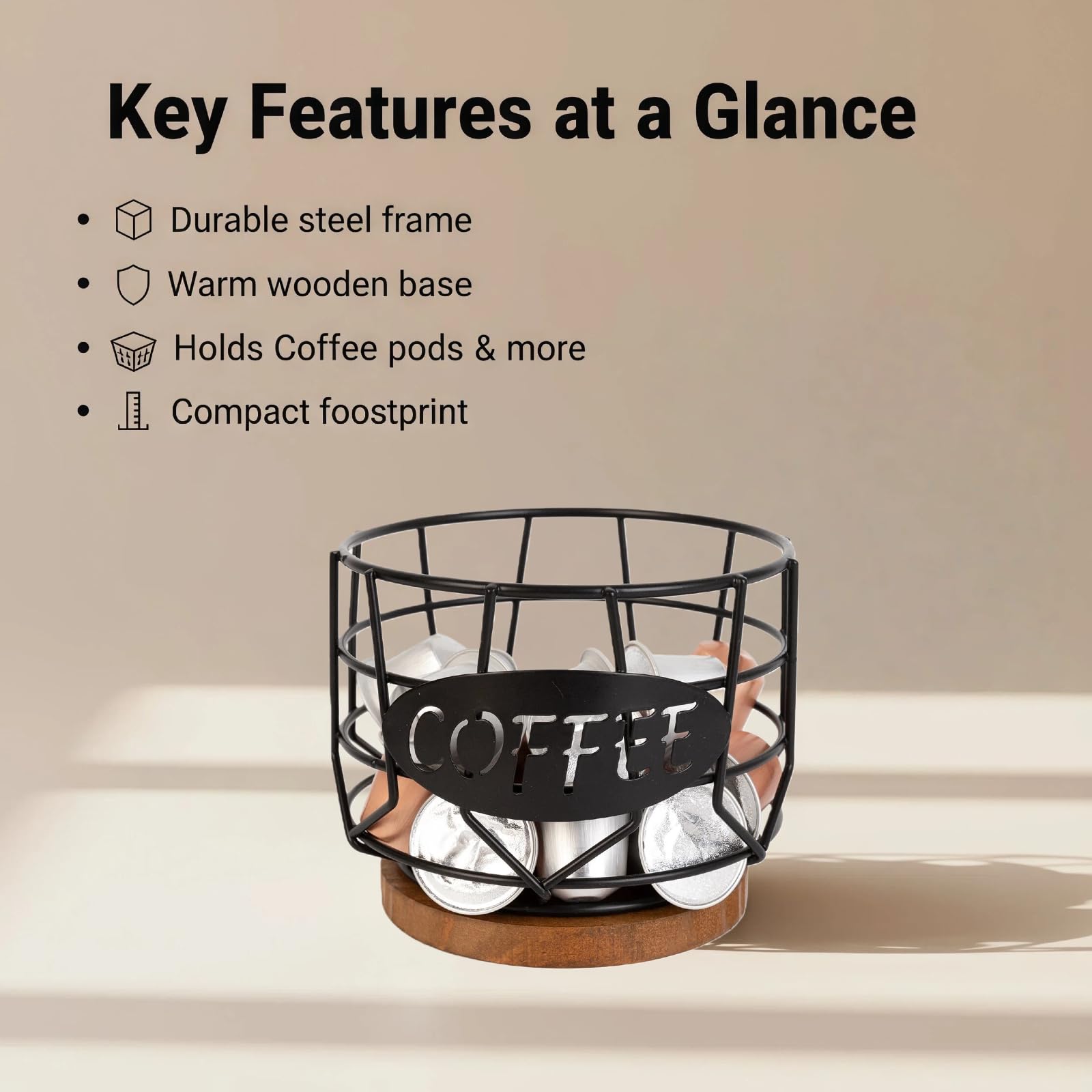 Cesta de almacenamiento de cápsulas de café Fving con base de madera para fácil acceso.