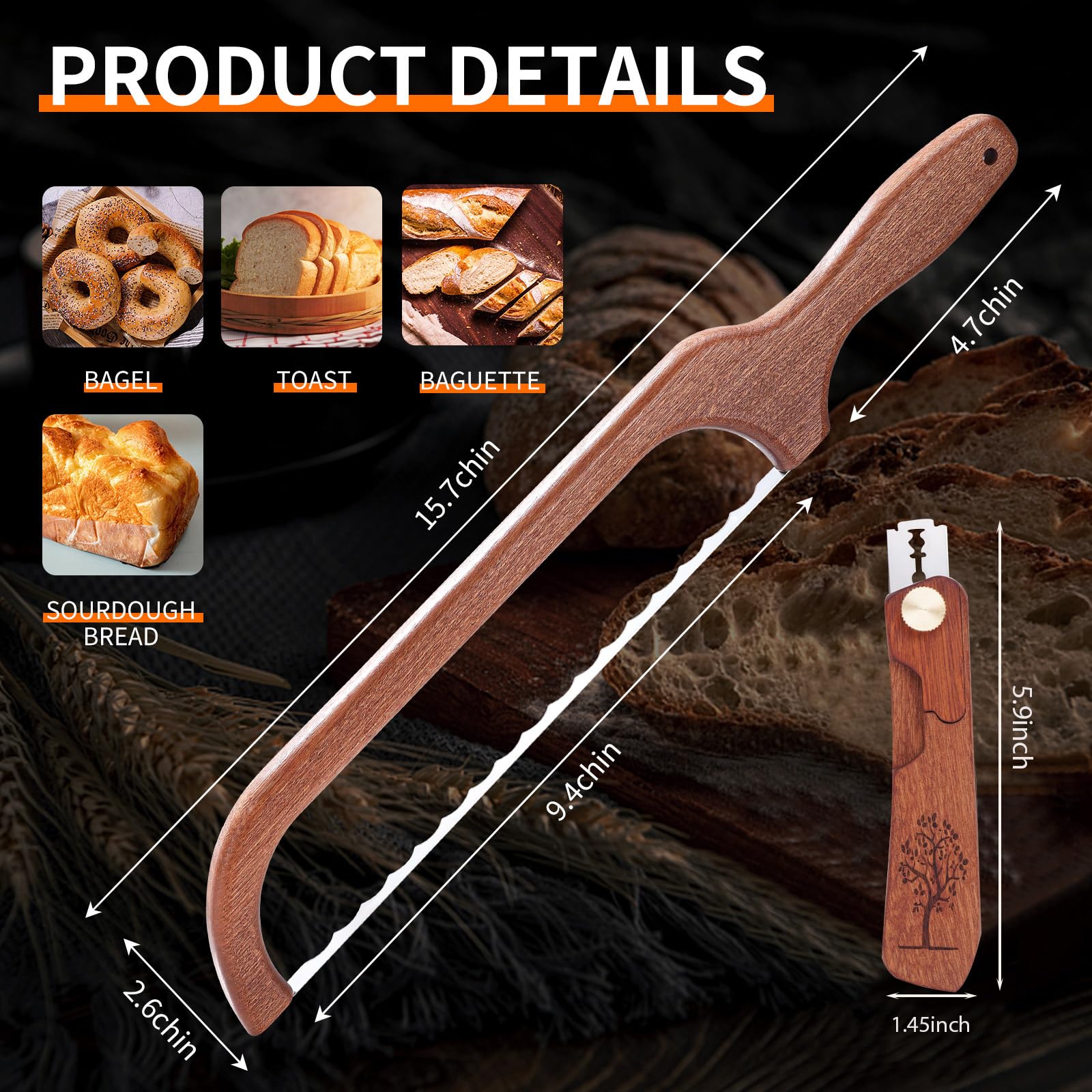 FYLFOTA mango ergonómico en madera, agarre cómodo para pan artesanal.