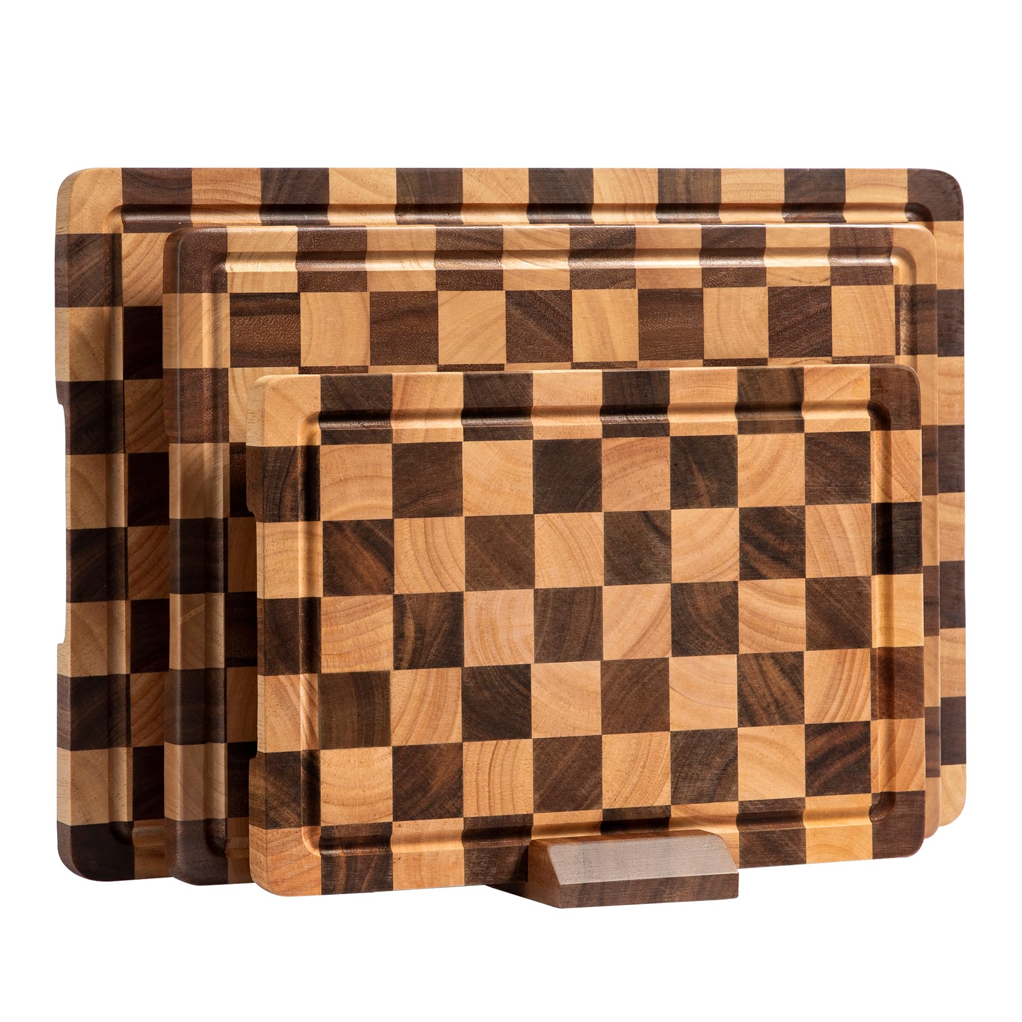 Fyctio: conjunto de tablas de cortar en acacia con diseño ajedrez para cocina.