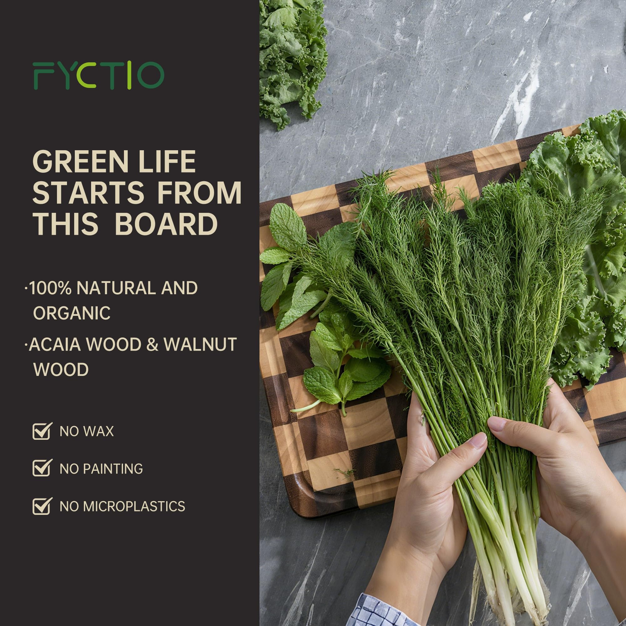 Fyctio tabla con canales de jugo, fácil de limpiar tras cortar frutas y verduras.