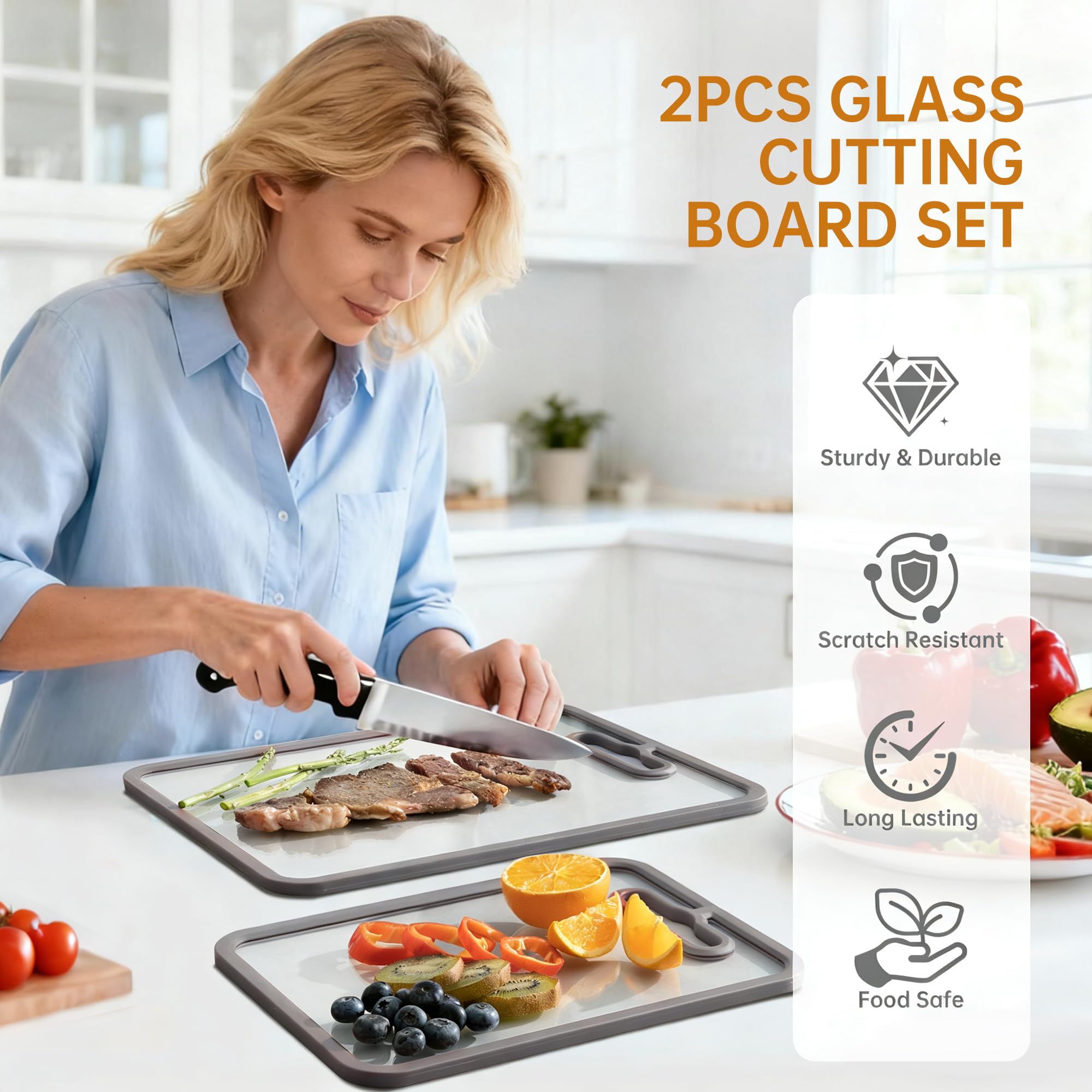 Fyctio tabla vidrio 15x11 mango ergonómico facilita trasladar ingredientes a la mesa.