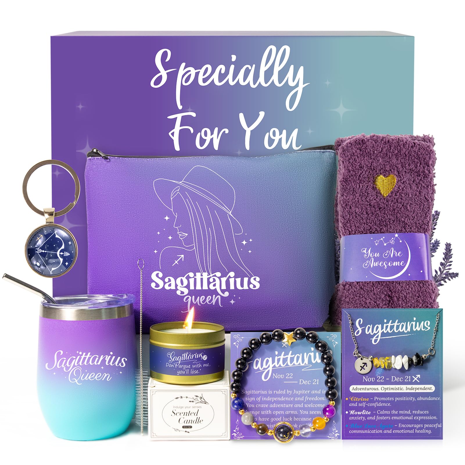 Calcetines Fyroax Sagitario en gradiente azul-violeta para comodidad diaria.
