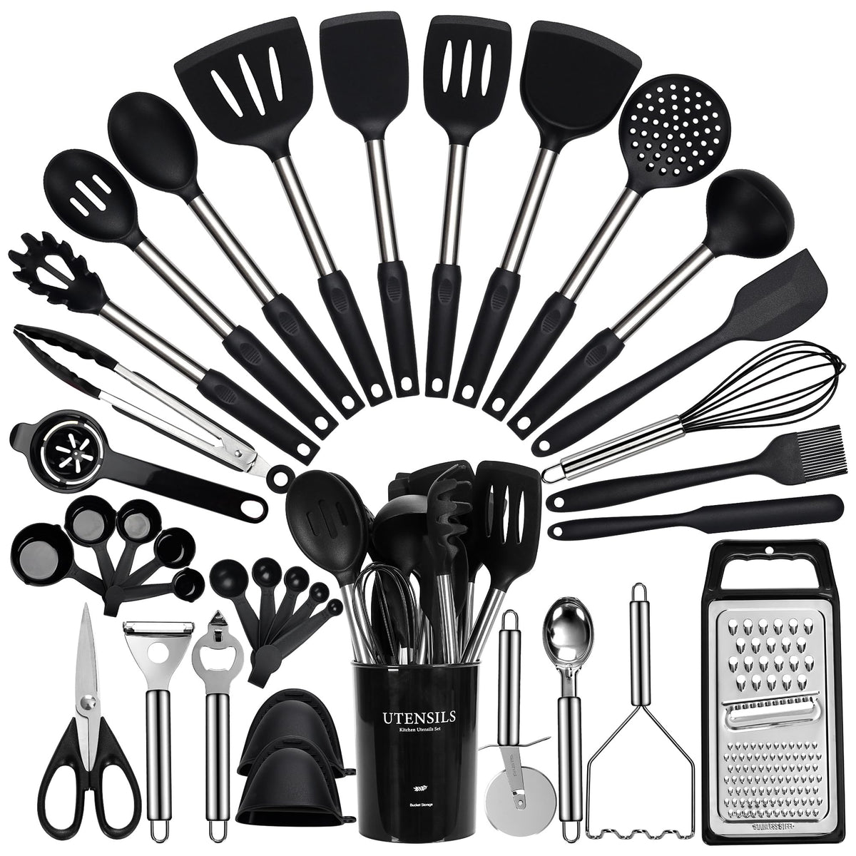 Fyvva set de utensilios 35 piezas con soporte para cocinar sin rayar sartenes.