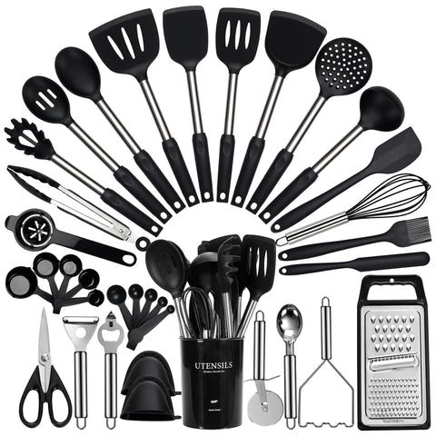 Fyvva set de utensilios 35 piezas con soporte para cocinar sin rayar sartenes.