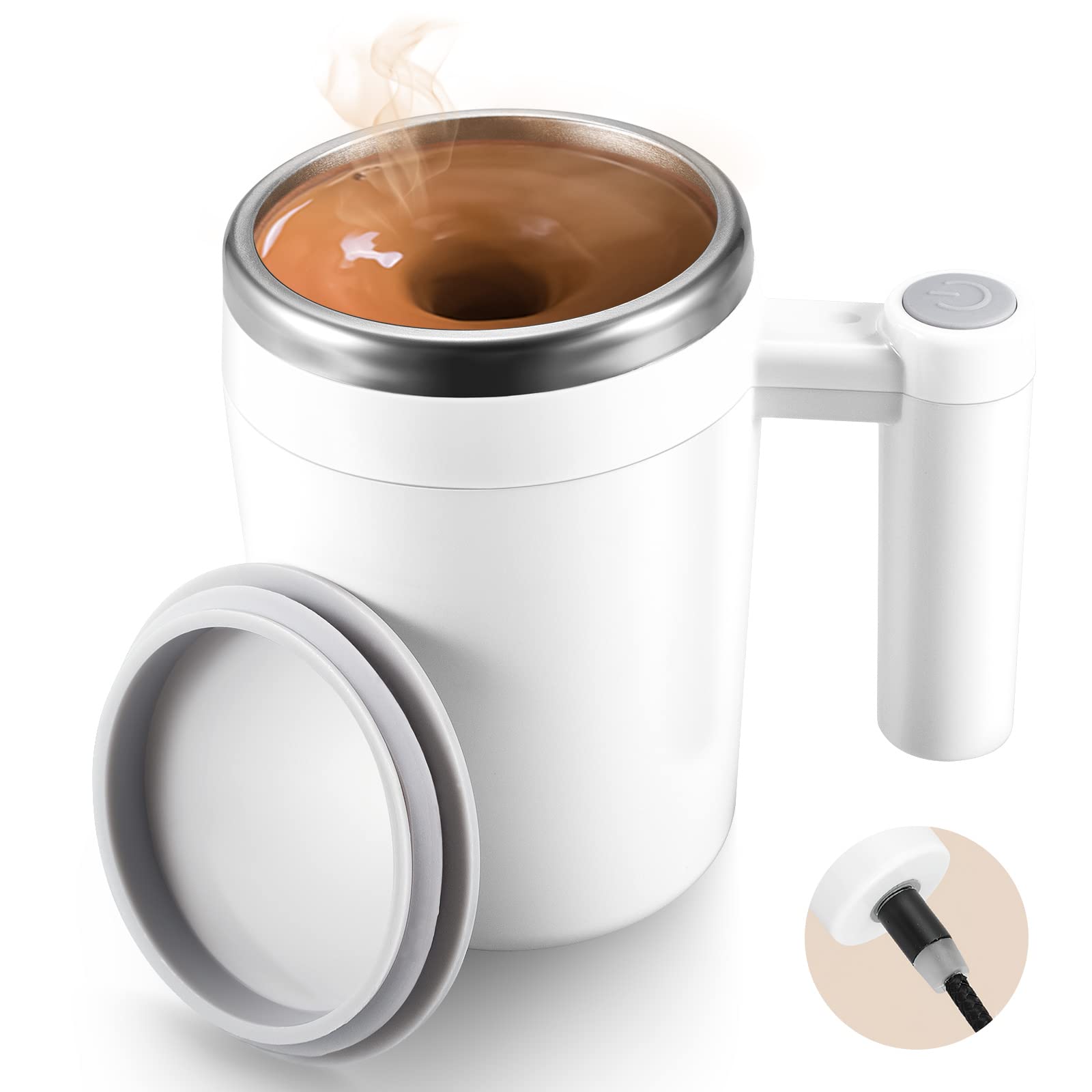 Taza G · PEH auto-mezcla con tapa, ideal para cafés rápidos y sin utensilios.