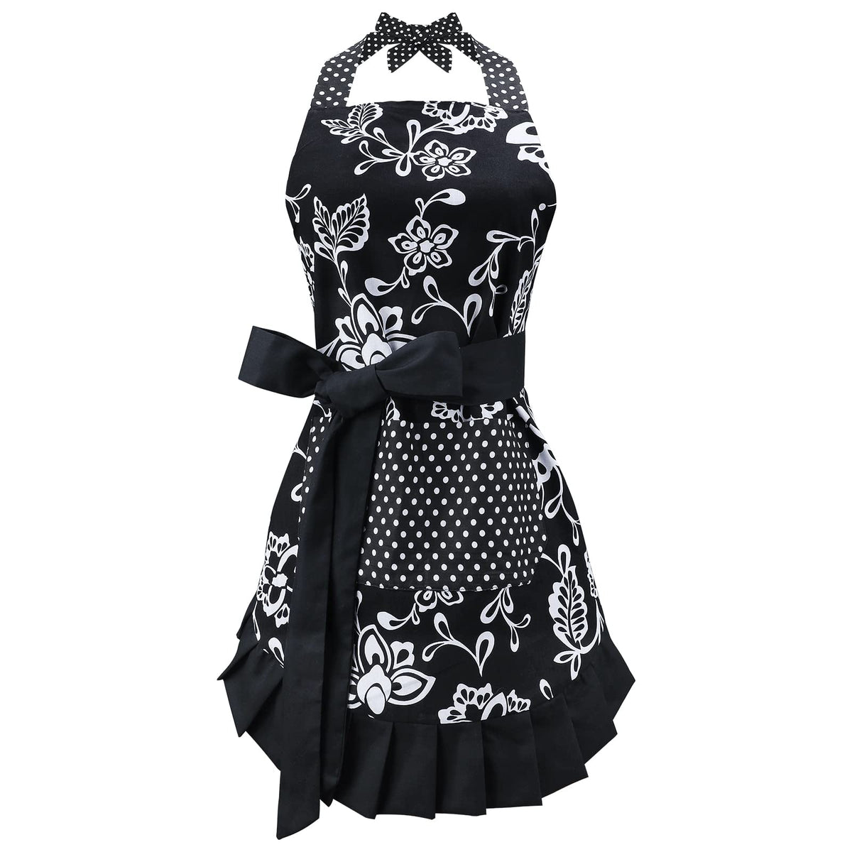 Delantal g2plus con diseño vintage floral negro y pliegues elegantes para cocinar.
