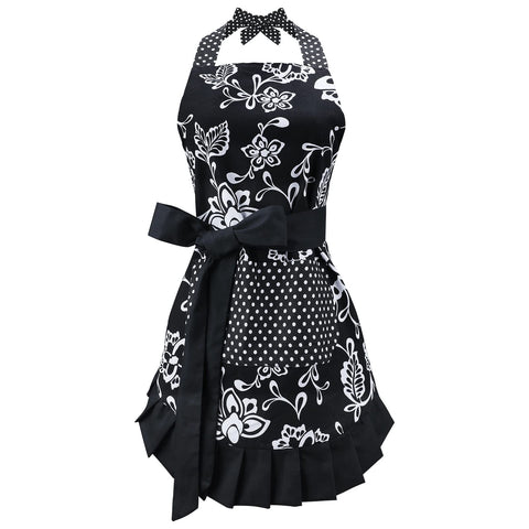 Delantal g2plus con diseño vintage floral negro y pliegues elegantes para cocinar.