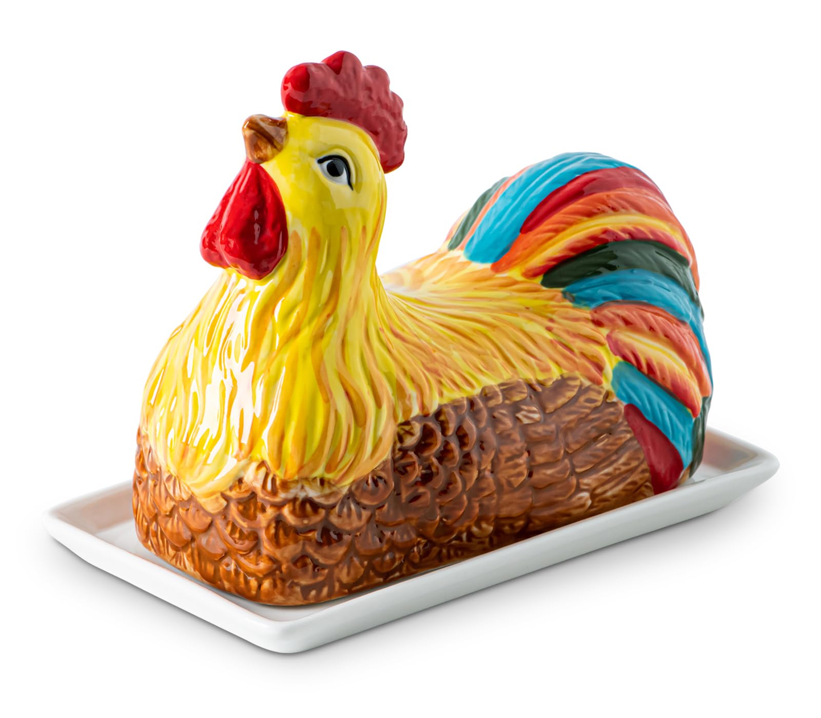 Gabroc mantequillera en forma de pollo colorida con tapa decorativa para la cocina
