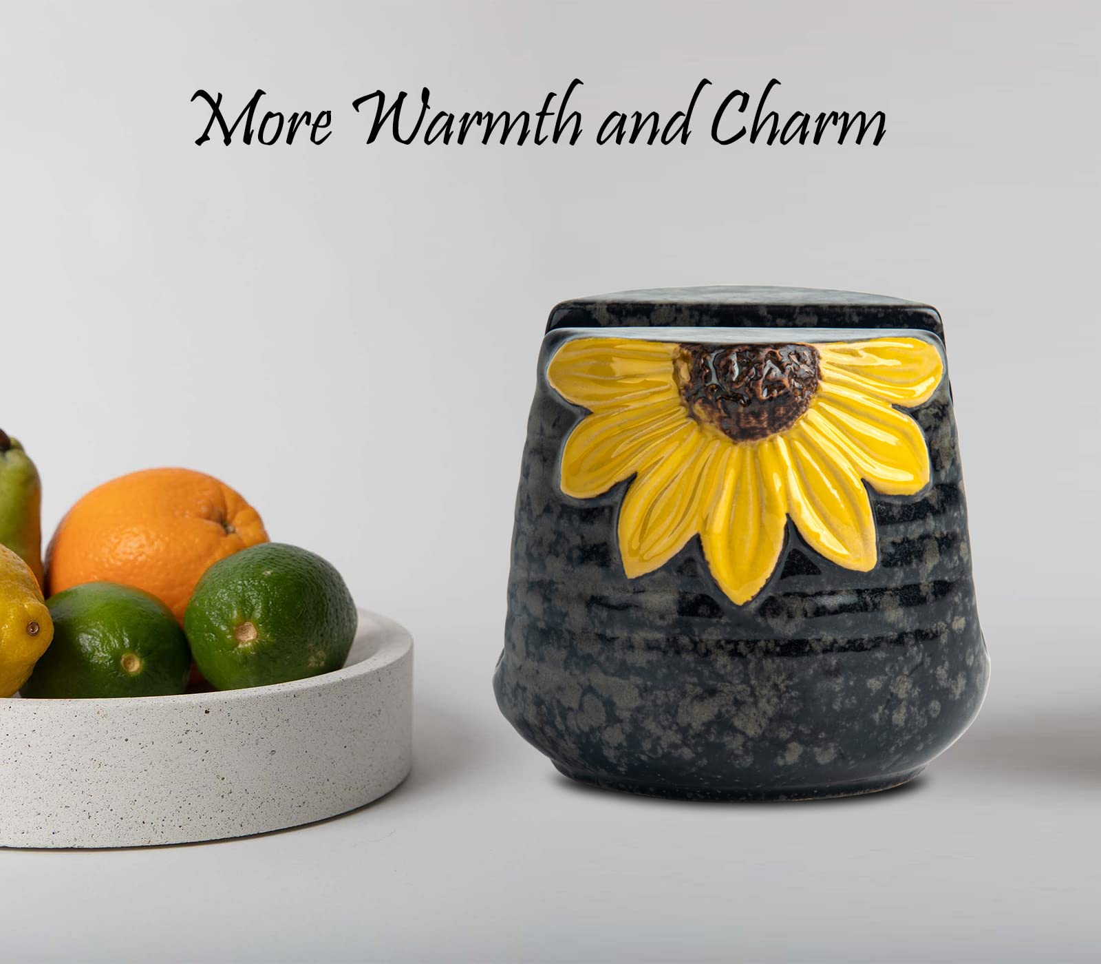 Gabroc porta-esponjas girasol ceramica amarilla, diseño decorativo y funcional.