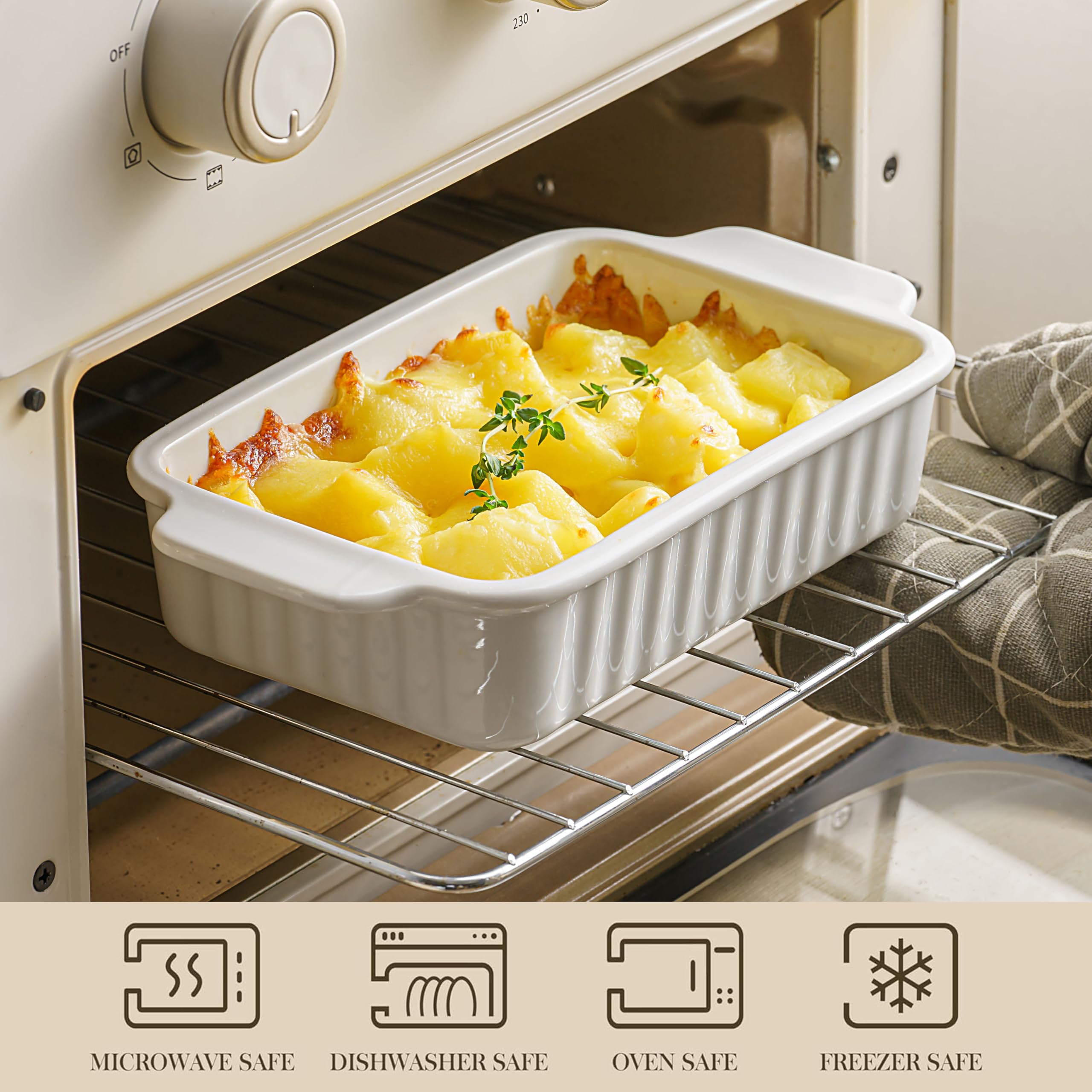 Cazuela Gacoree apta para horno hasta 500°F para hornear y gratinar.