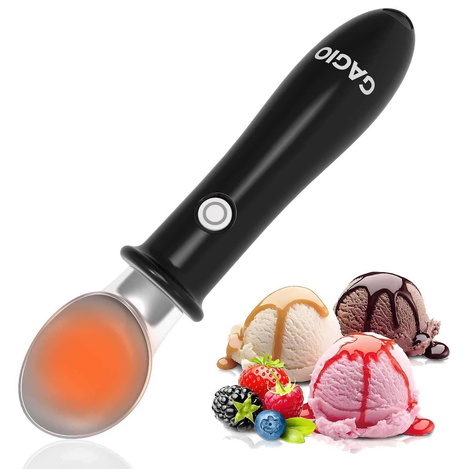 Cuchara caliente GAGIO en acción sirviendo helado duro con facilidad.