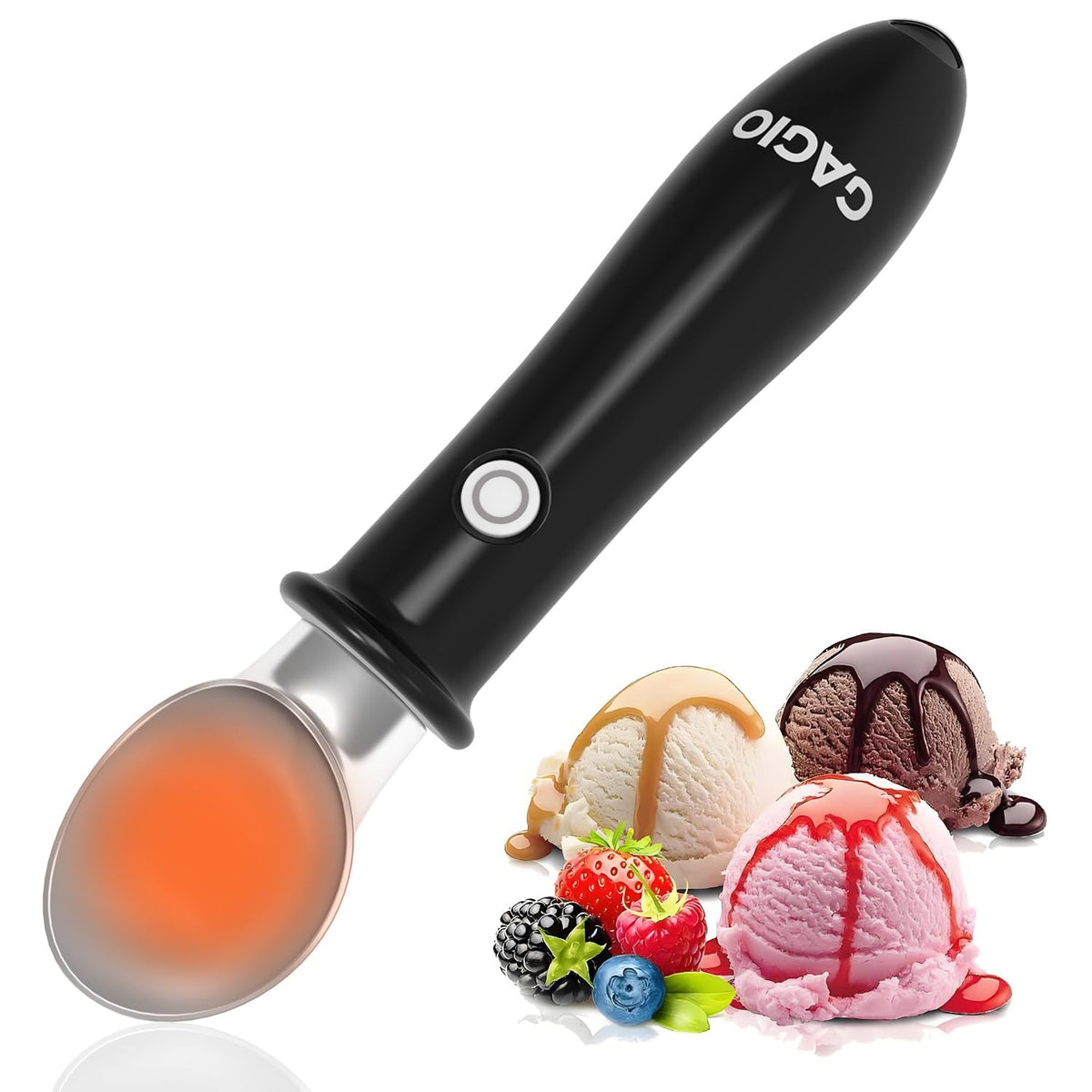 Cuchara caliente GAGIO en acción sirviendo helado duro con facilidad.