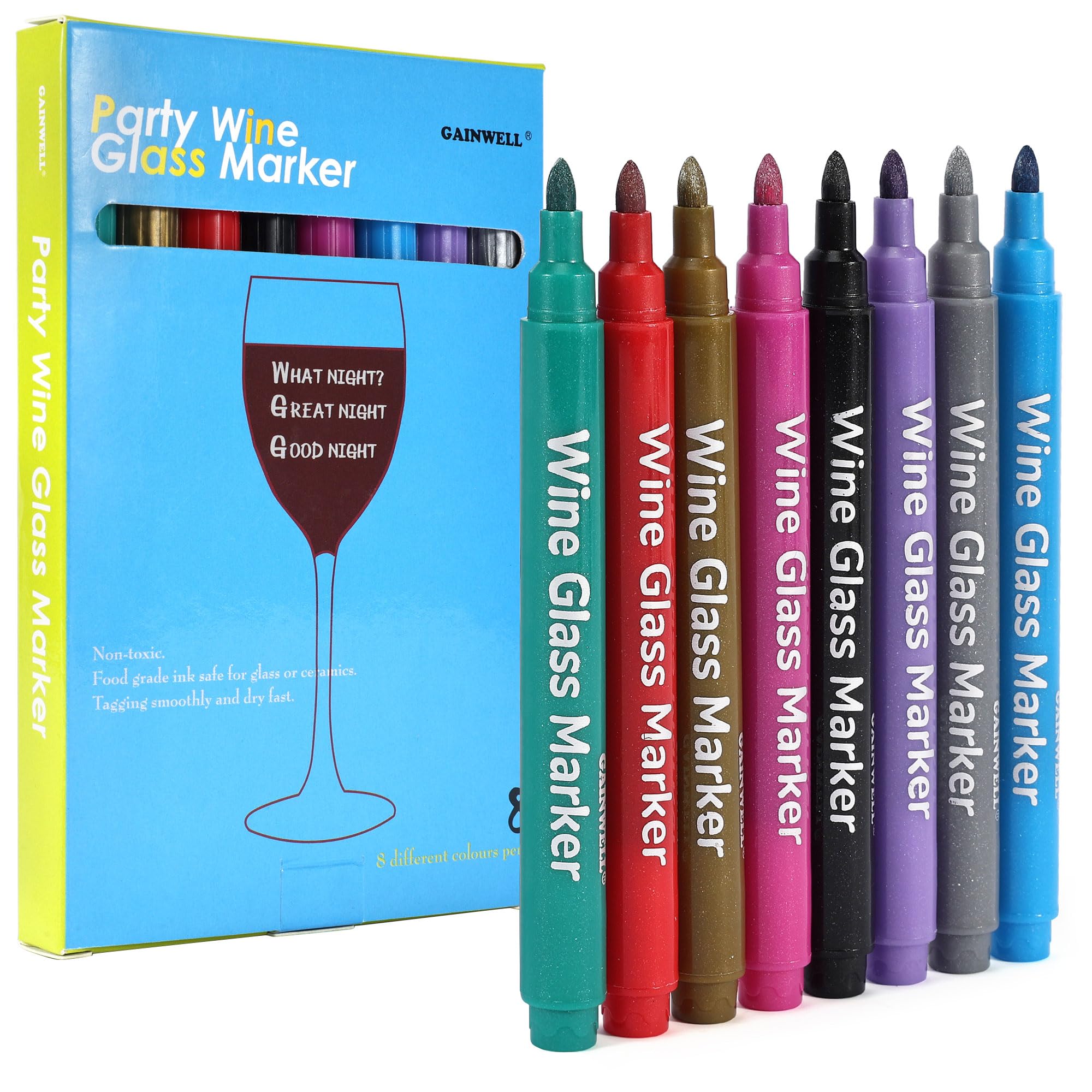 Marcadores Gainwell para vaso de vino metalizados en 8 colores, ideal para identificar bebidas en fiestas.