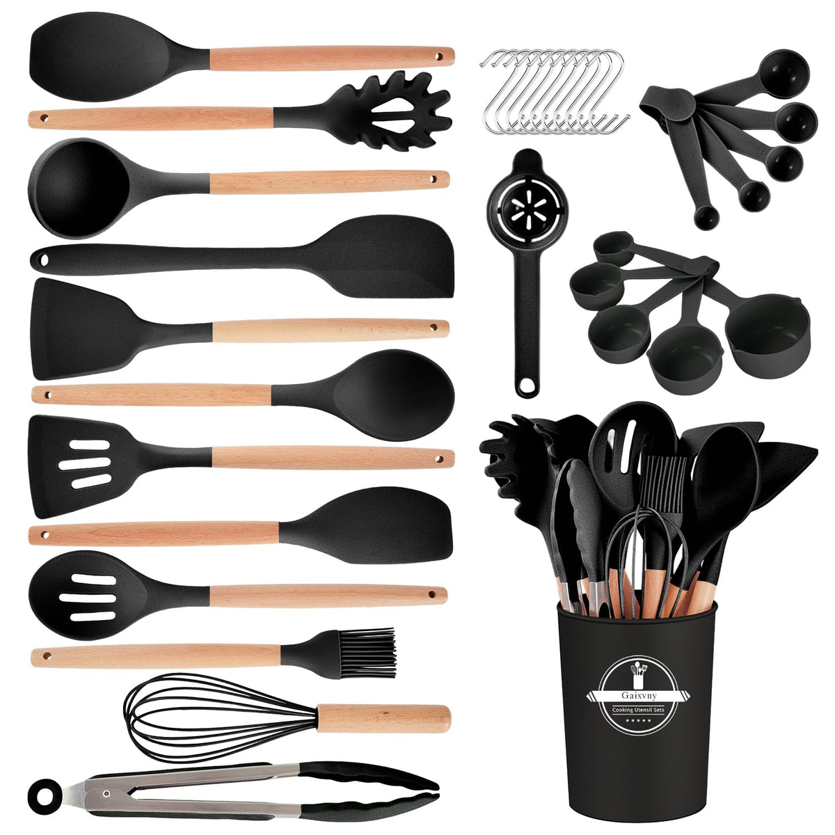 Gaixvny juego de utensilios de cocina 34 piezas con mango de madera antiadherentes