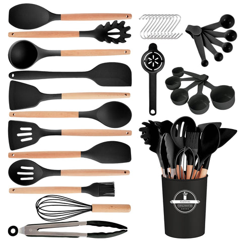 Gaixvny juego de utensilios de cocina 34 piezas con mango de madera antiadherentes