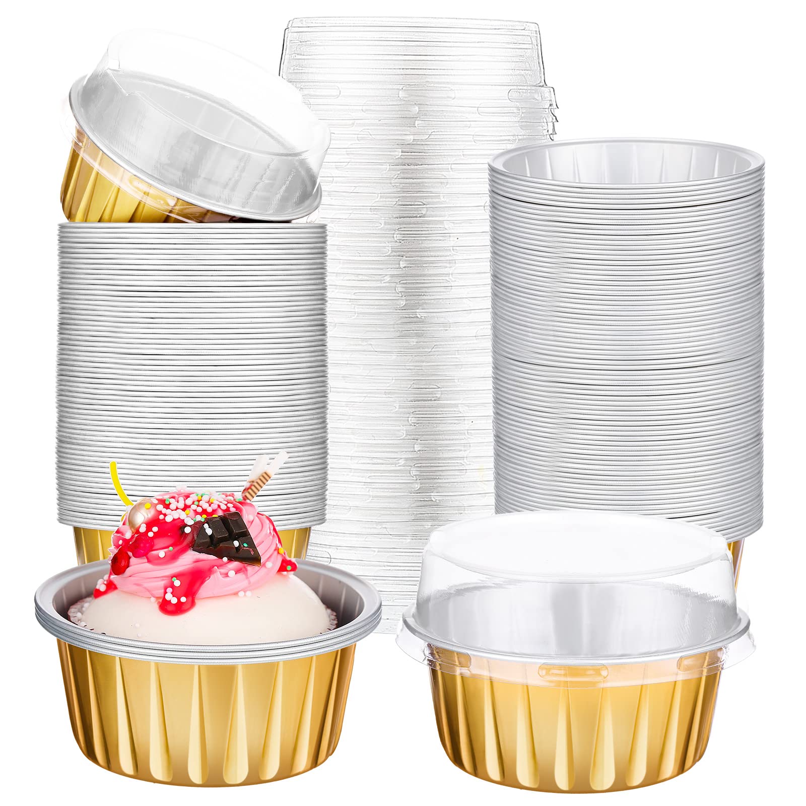 Gandeer cápsulas de aluminio para cupcakes con tapa dorada, 200 unidades, ideales para hornear y transportar.