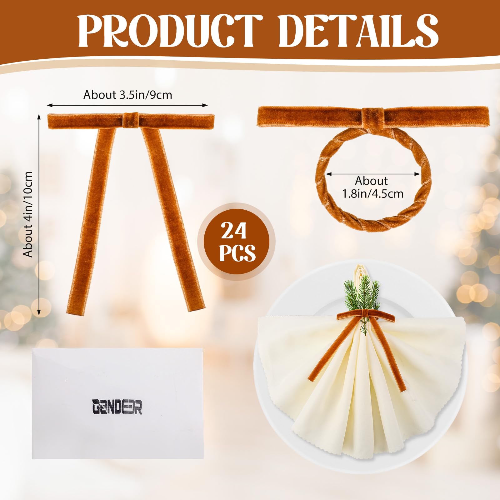Anillos Gandeer para Navidad con lazo de terciopelo, ideal para decorar la mesa festiva.