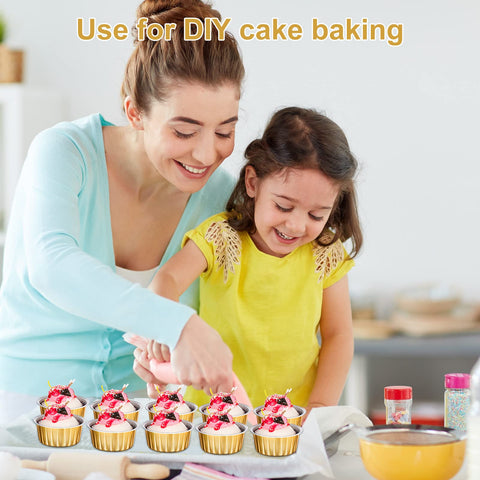 Gandeer cápsulas de aluminio para cupcakes de 5 onzas doradas, detalle resistente al aceite, útiles para postres pequeños.